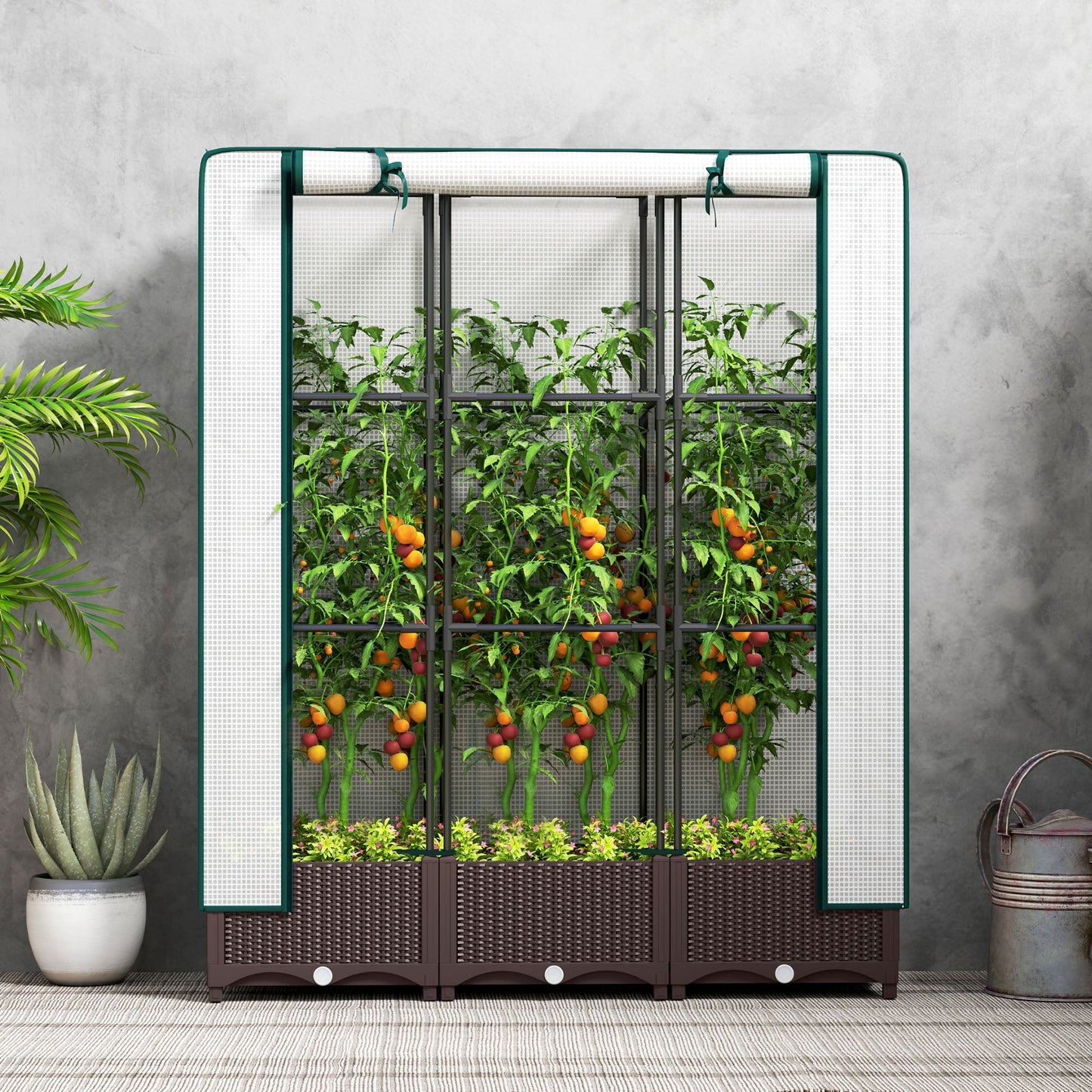 Raised Garden Bed with Trellis, Outdoor Planter Box with PE Greenhouse Cover, Drainage Holes and Zipper Door for Patio, Backyard, Balcony, 47 x 16 x 50 inch, Brown