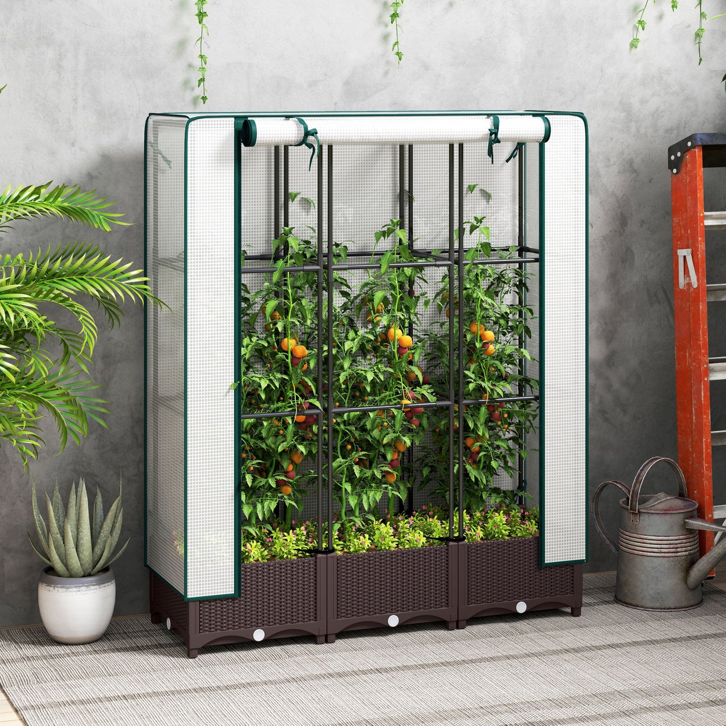 Raised Garden Bed with Trellis, Outdoor Planter Box with PE Greenhouse Cover, Drainage Holes and Zipper Door for Patio, Backyard, Balcony, 47 x 16 x 50 inch, Brown