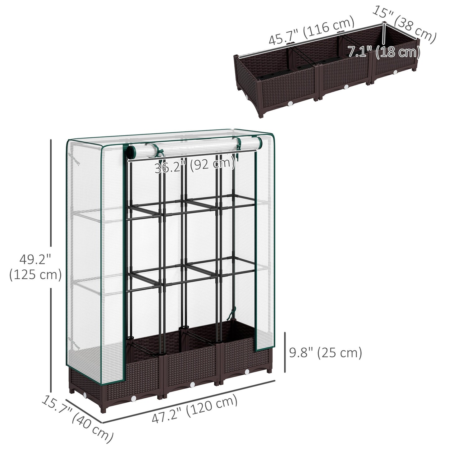 Raised Garden Bed with Trellis, Outdoor Planter Box with PE Greenhouse Cover, Drainage Holes and Zipper Door for Patio, Backyard, Balcony, 47 x 16 x 50 inch, Brown