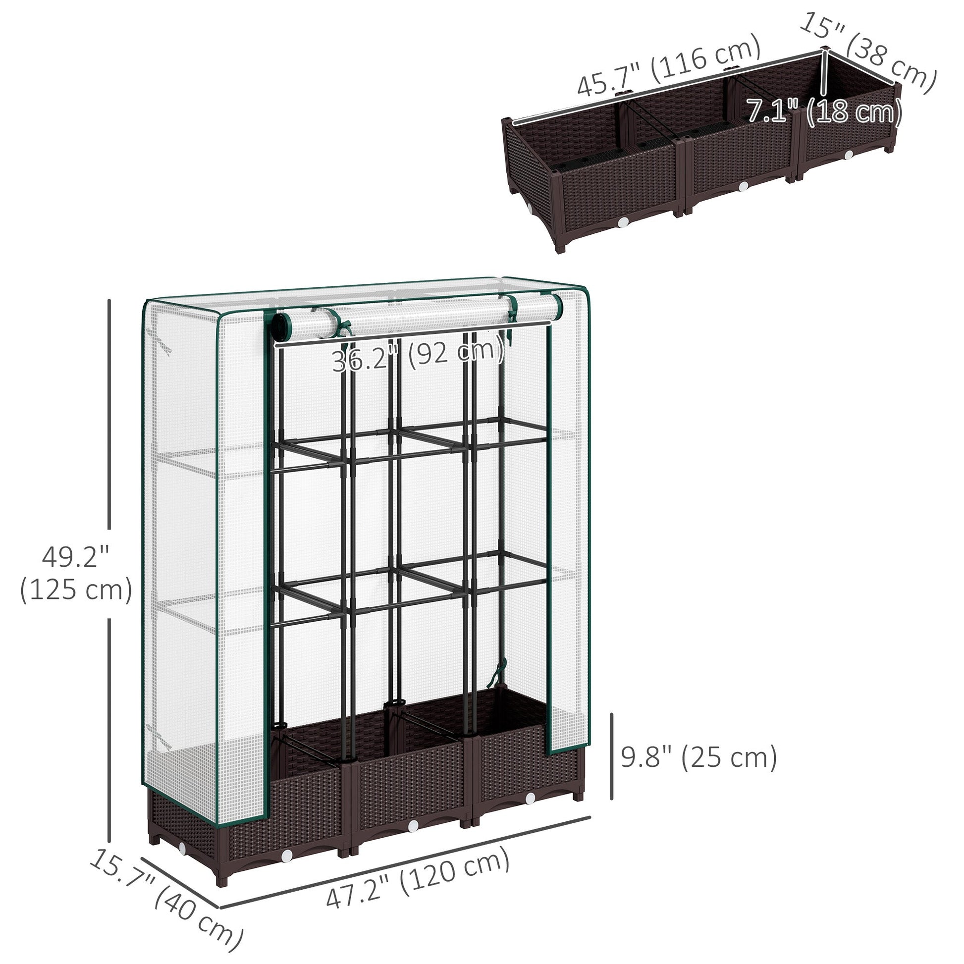 Raised Garden Bed with Trellis, Outdoor Planter Box with PE Greenhouse Cover, Drainage Holes and Zipper Door for Patio, Backyard, Balcony, 47 x 16 x 50 inch, Brown