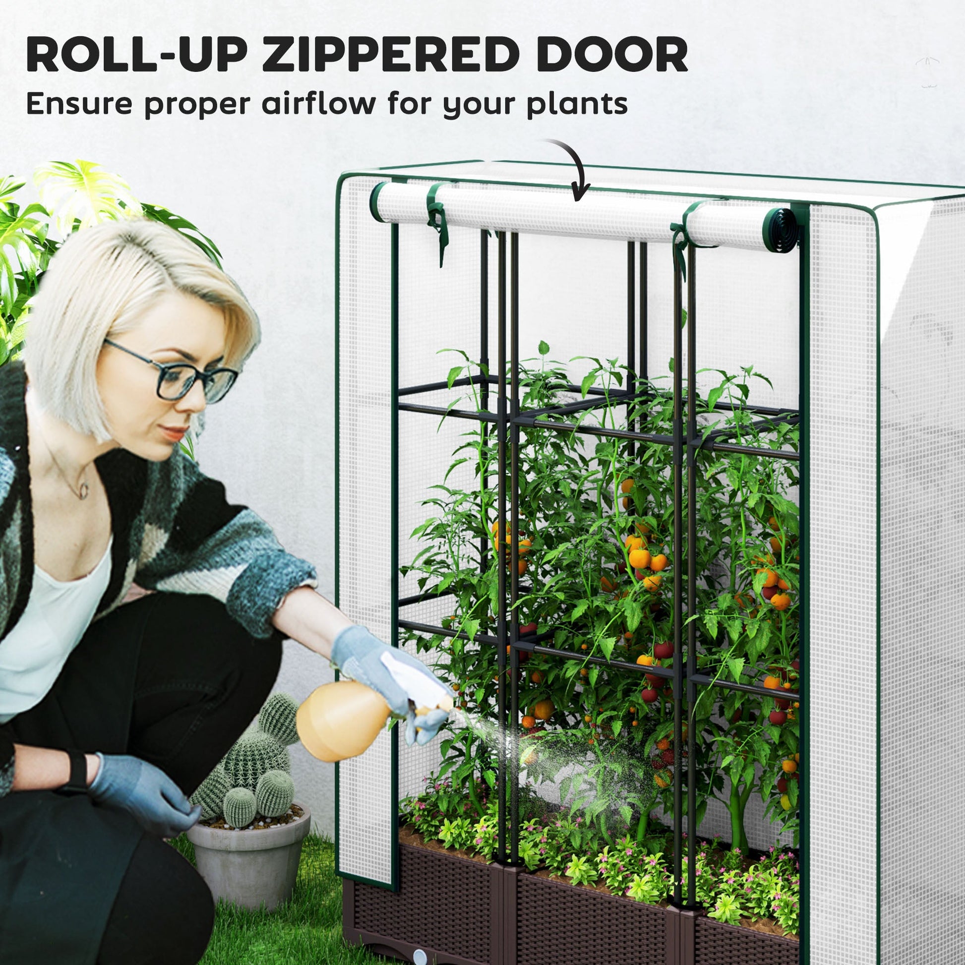 Raised Garden Bed with Trellis, Outdoor Planter Box with PE Greenhouse Cover, Drainage Holes and Zipper Door for Patio, Backyard, Balcony, 47 x 16 x 50 inch, Brown