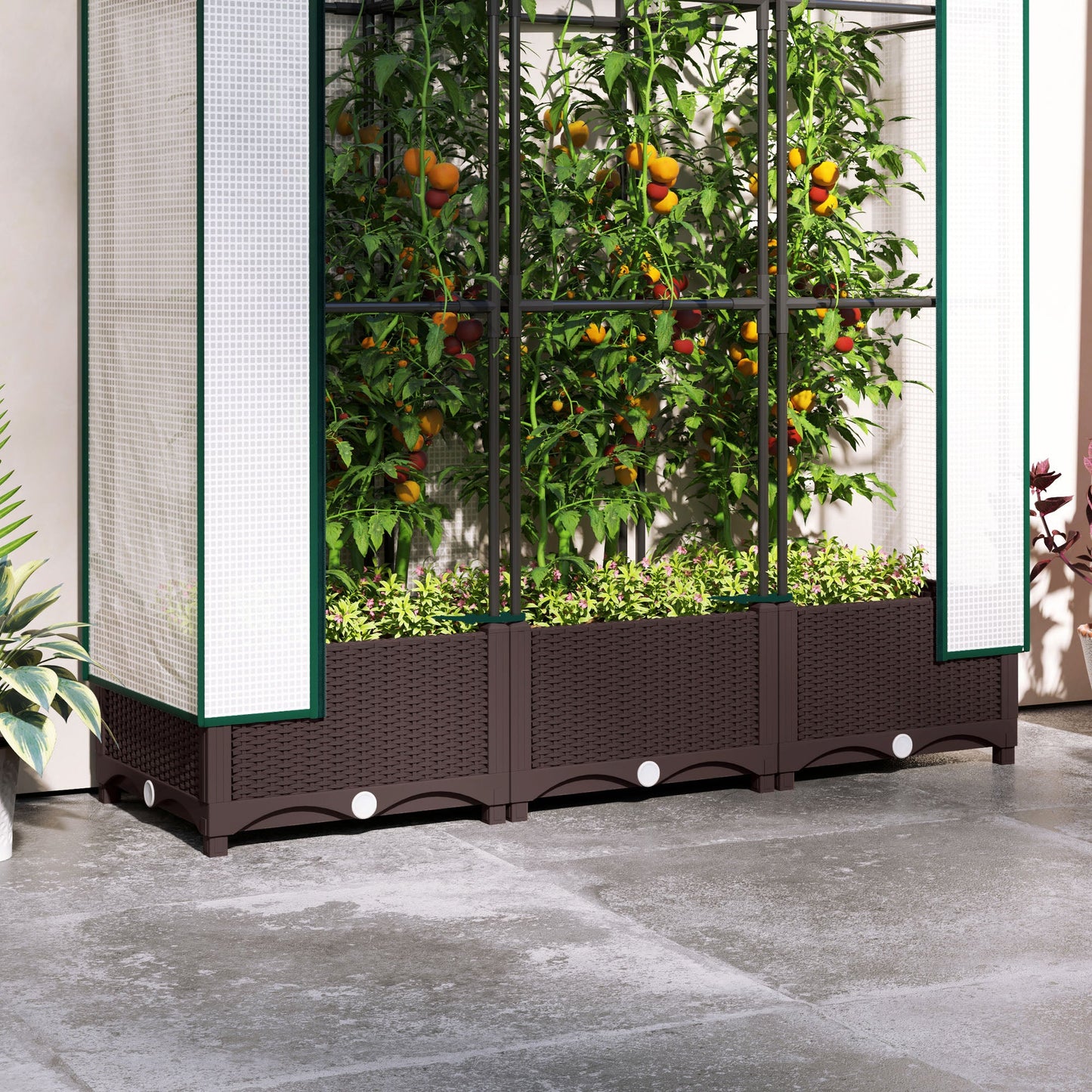 Raised Garden Bed with Trellis, Outdoor Planter Box with PE Greenhouse Cover, Drainage Holes and Zipper Door for Patio, Backyard, Balcony, 47 x 16 x 50 inch, Brown