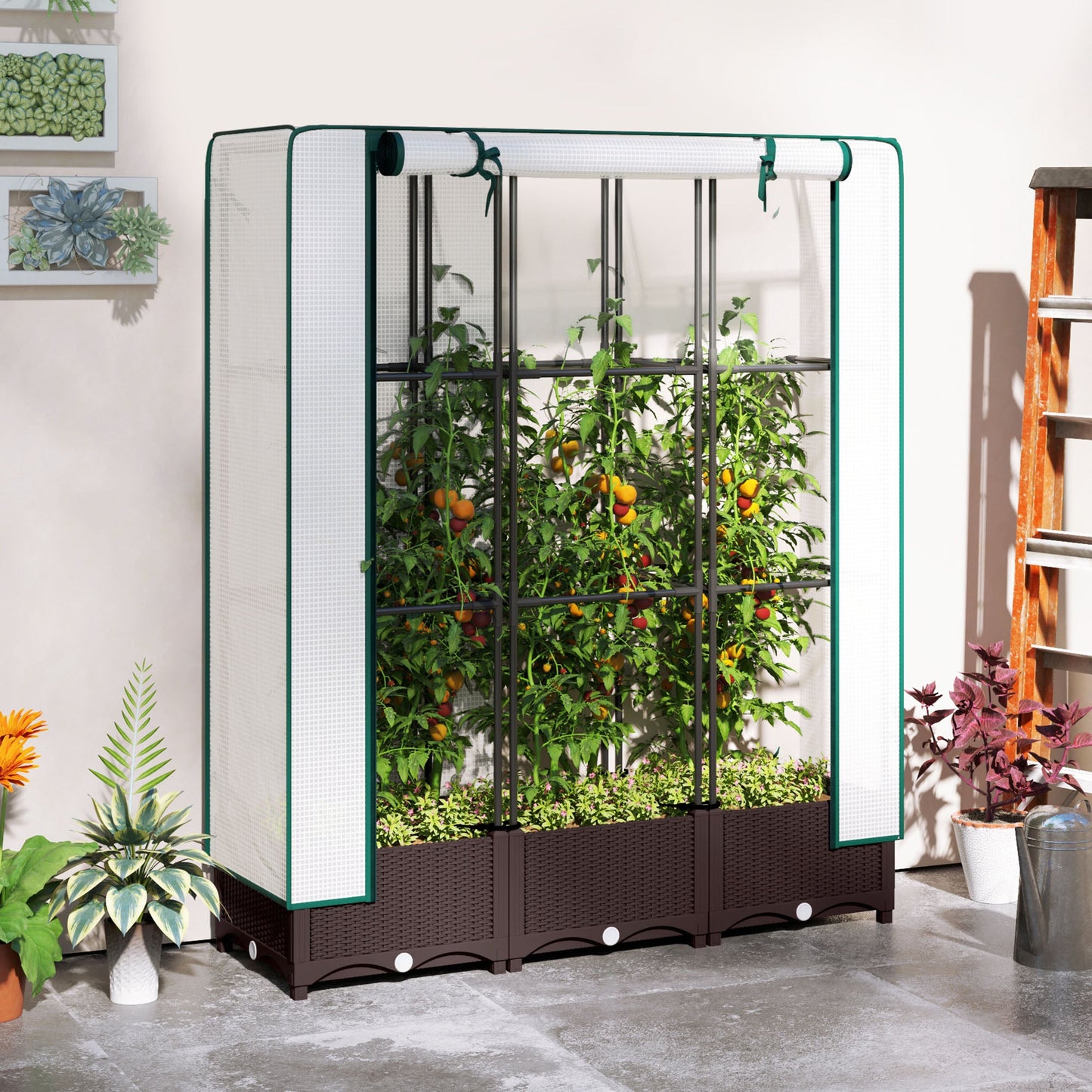 Raised Garden Bed with Trellis, Outdoor Planter Box with PE Greenhouse Cover, Drainage Holes and Zipper Door for Patio, Backyard, Balcony, 47 x 16 x 50 inch, Brown