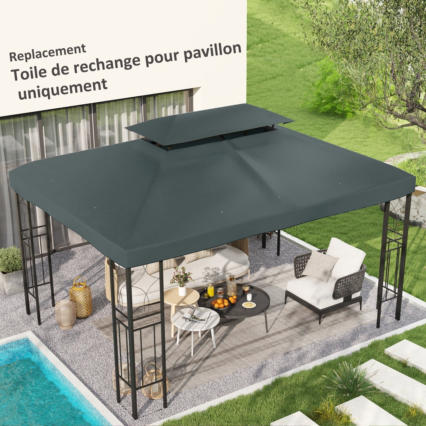 13.1' x 9.8' Gazebo Replacement Canopy 2 Tier Top UV Cover Pavilion Garden Patio Outdoor, Grey (TOP ONLY)