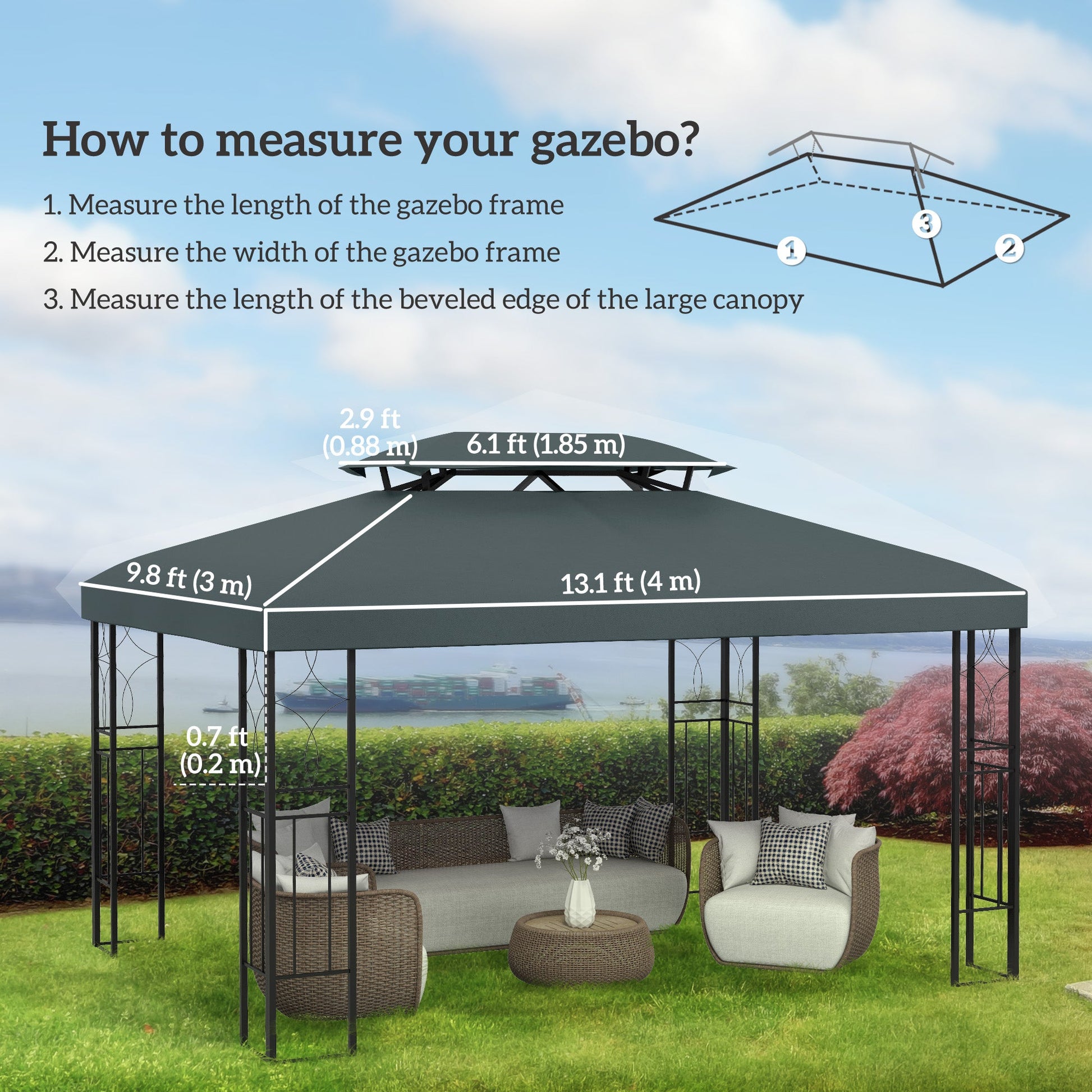 13.1' x 9.8' Gazebo Replacement Canopy 2 Tier Top UV Cover Pavilion Garden Patio Outdoor, Grey (TOP ONLY)