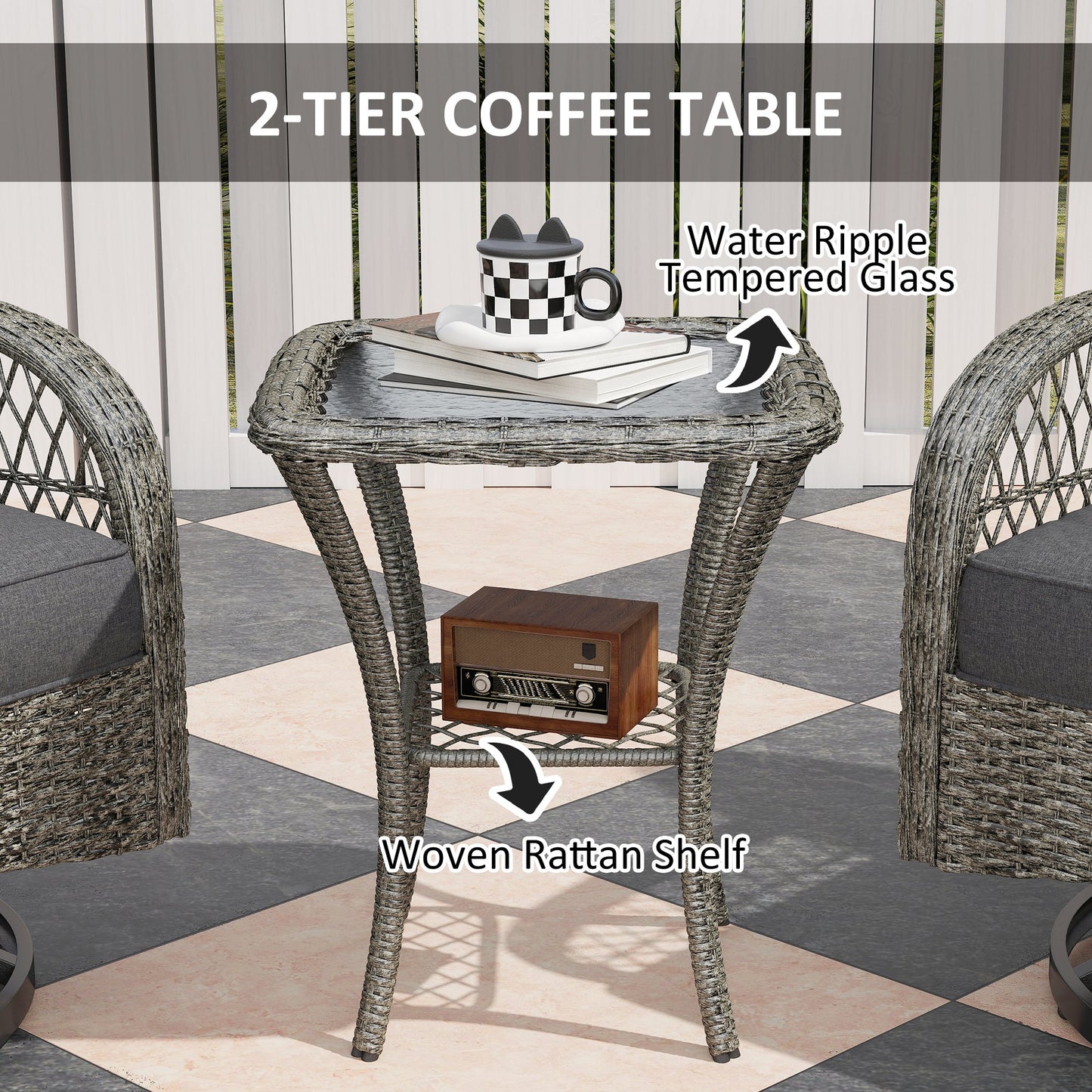 3 Pieces Wicker Patio Furniture Set, Rattan Bistro Set with 2 Swivel Rocking Chairs, 2-Tier Glass Coffee Table, Washable Seat Cushions for Porch, Balcony, Garden, Grey