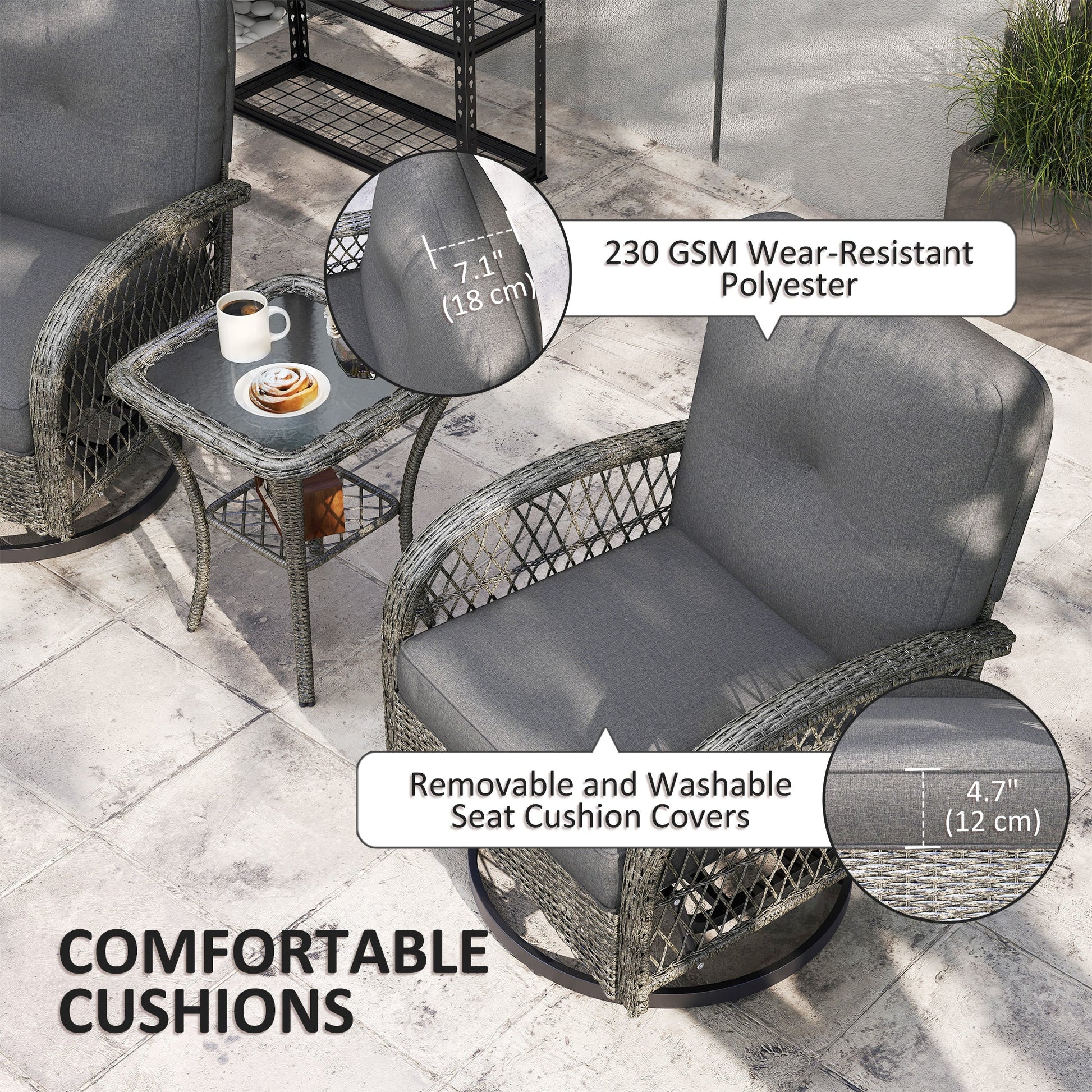 3 Pieces Wicker Patio Furniture Set, Rattan Bistro Set with 2 Swivel Rocking Chairs, 2-Tier Glass Coffee Table, Washable Seat Cushions for Porch, Balcony, Garden, Grey