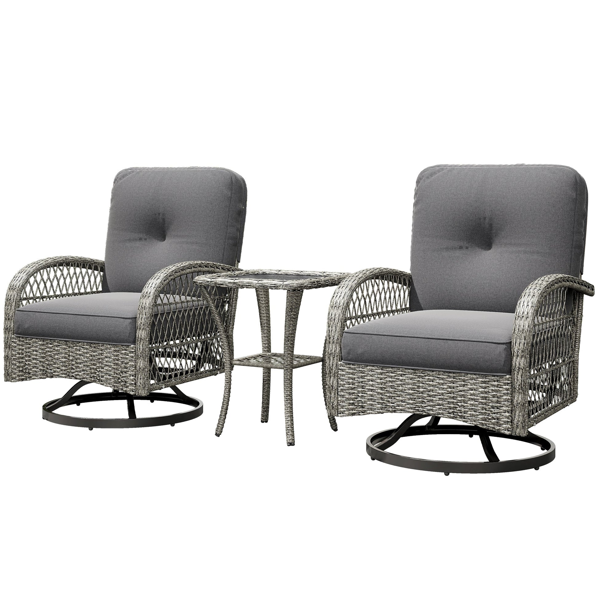 3 Pieces Wicker Patio Furniture Set, Rattan Bistro Set with 2 Swivel Rocking Chairs, 2-Tier Glass Coffee Table, Washable Seat Cushions for Porch, Balcony, Garden, Grey