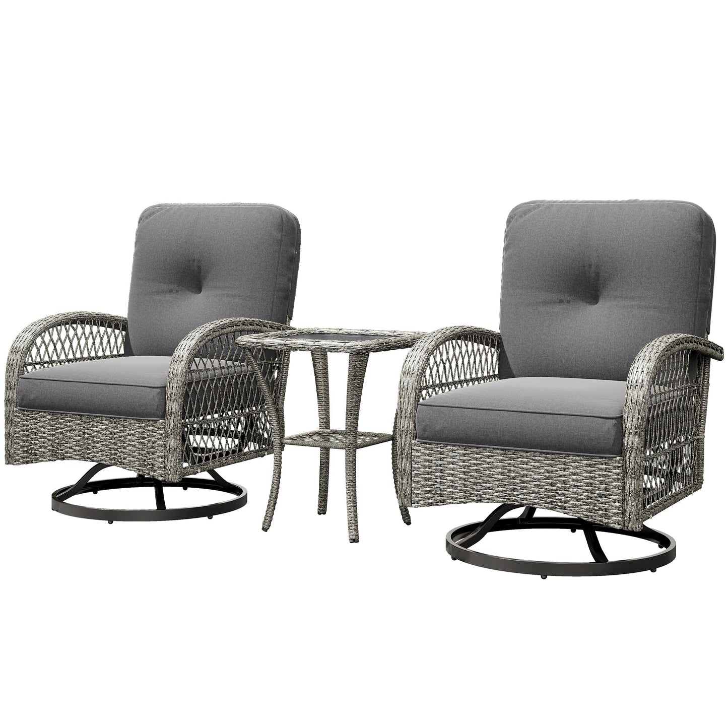 3 Pieces Wicker Patio Furniture Set, Rattan Bistro Set with 2 Swivel Rocking Chairs, 2-Tier Glass Coffee Table, Washable Seat Cushions for Porch, Balcony, Garden, Grey