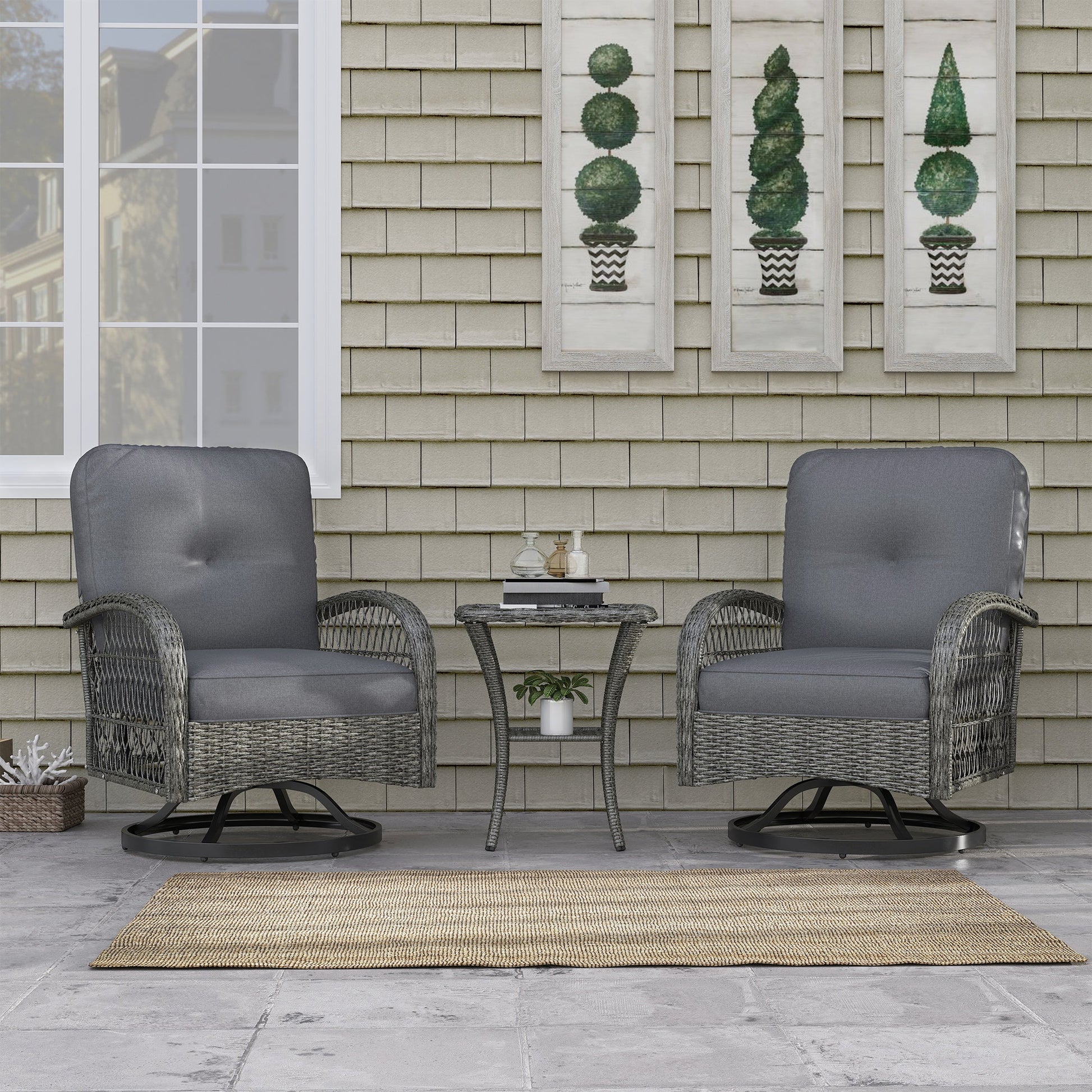 3 Pieces Wicker Patio Furniture Set, Rattan Bistro Set with 2 Swivel Rocking Chairs, 2-Tier Glass Coffee Table, Washable Seat Cushions for Porch, Balcony, Garden, Grey