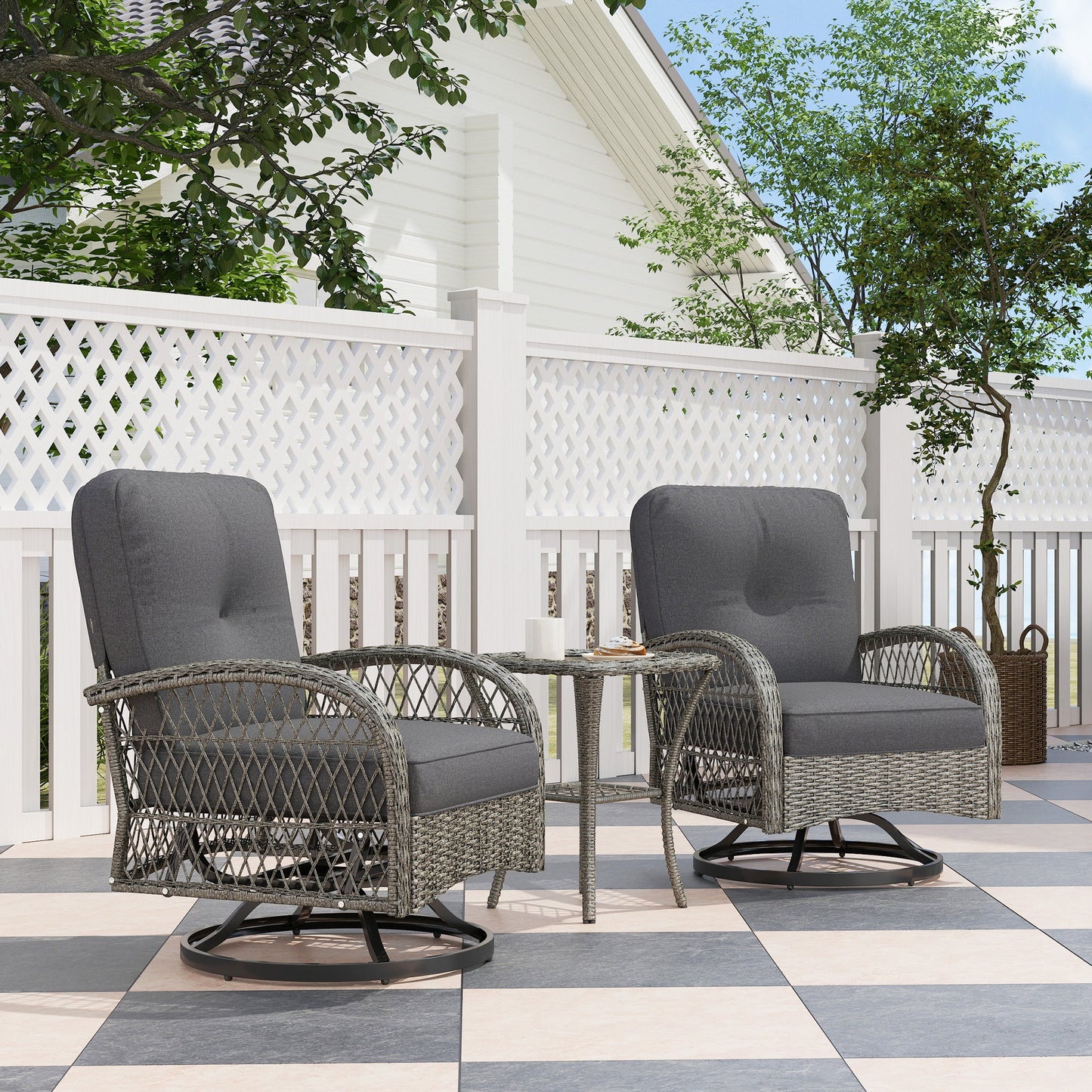 3 Pieces Wicker Patio Furniture Set, Rattan Bistro Set with 2 Swivel Rocking Chairs, 2-Tier Glass Coffee Table, Washable Seat Cushions for Porch, Balcony, Garden, Grey