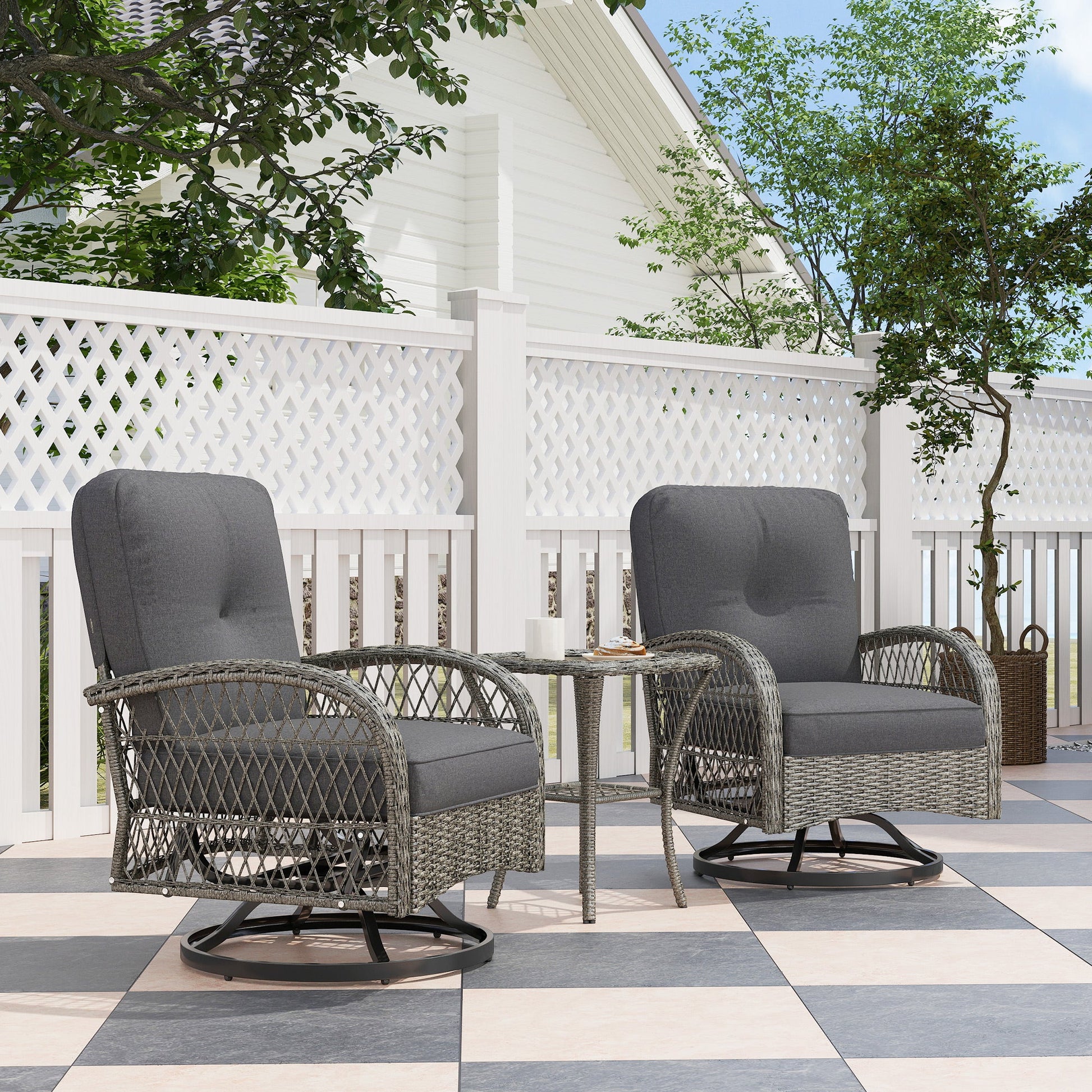 3 Pieces Wicker Patio Furniture Set, Rattan Bistro Set with 2 Swivel Rocking Chairs, 2-Tier Glass Coffee Table, Washable Seat Cushions for Porch, Balcony, Garden, Grey