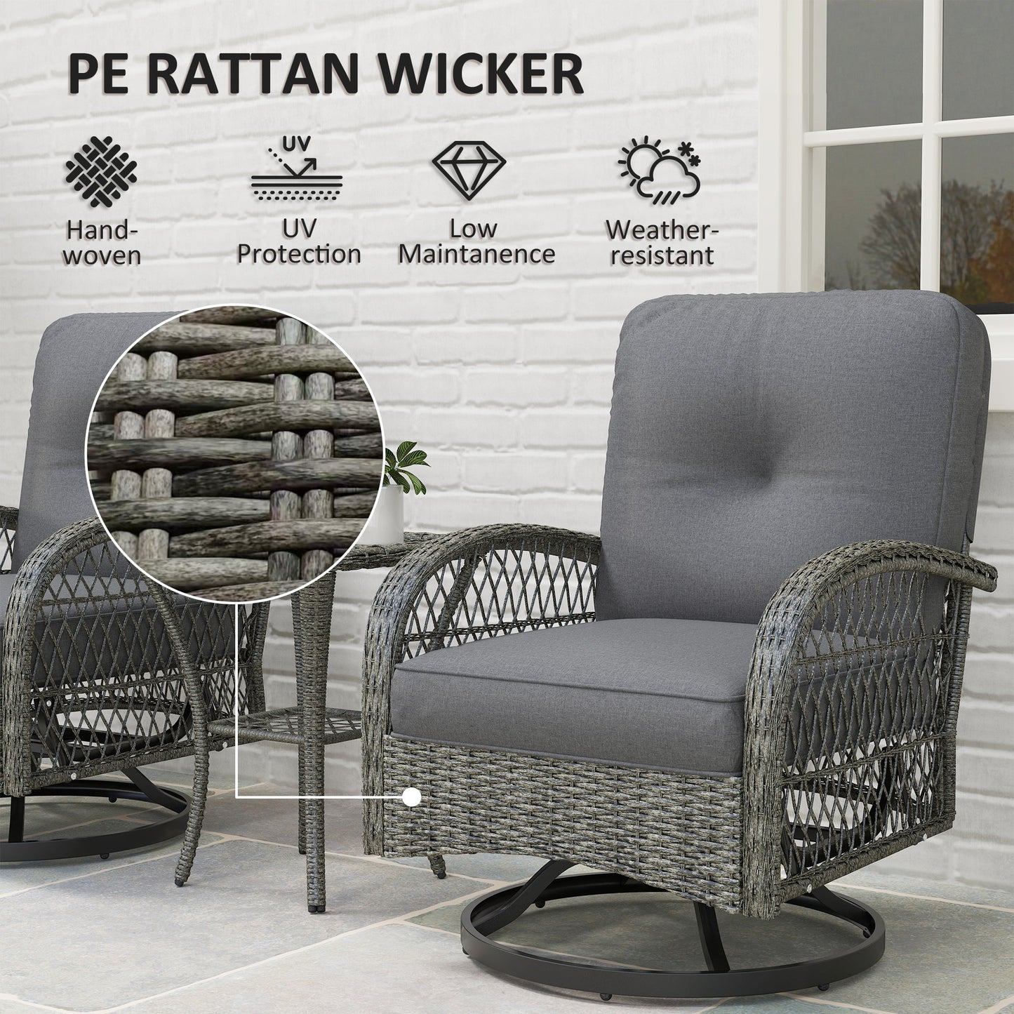 3 Pieces Wicker Patio Furniture Set, Rattan Bistro Set with 2 Swivel Rocking Chairs, 2-Tier Glass Coffee Table, Washable Seat Cushions for Porch, Balcony, Garden, Grey