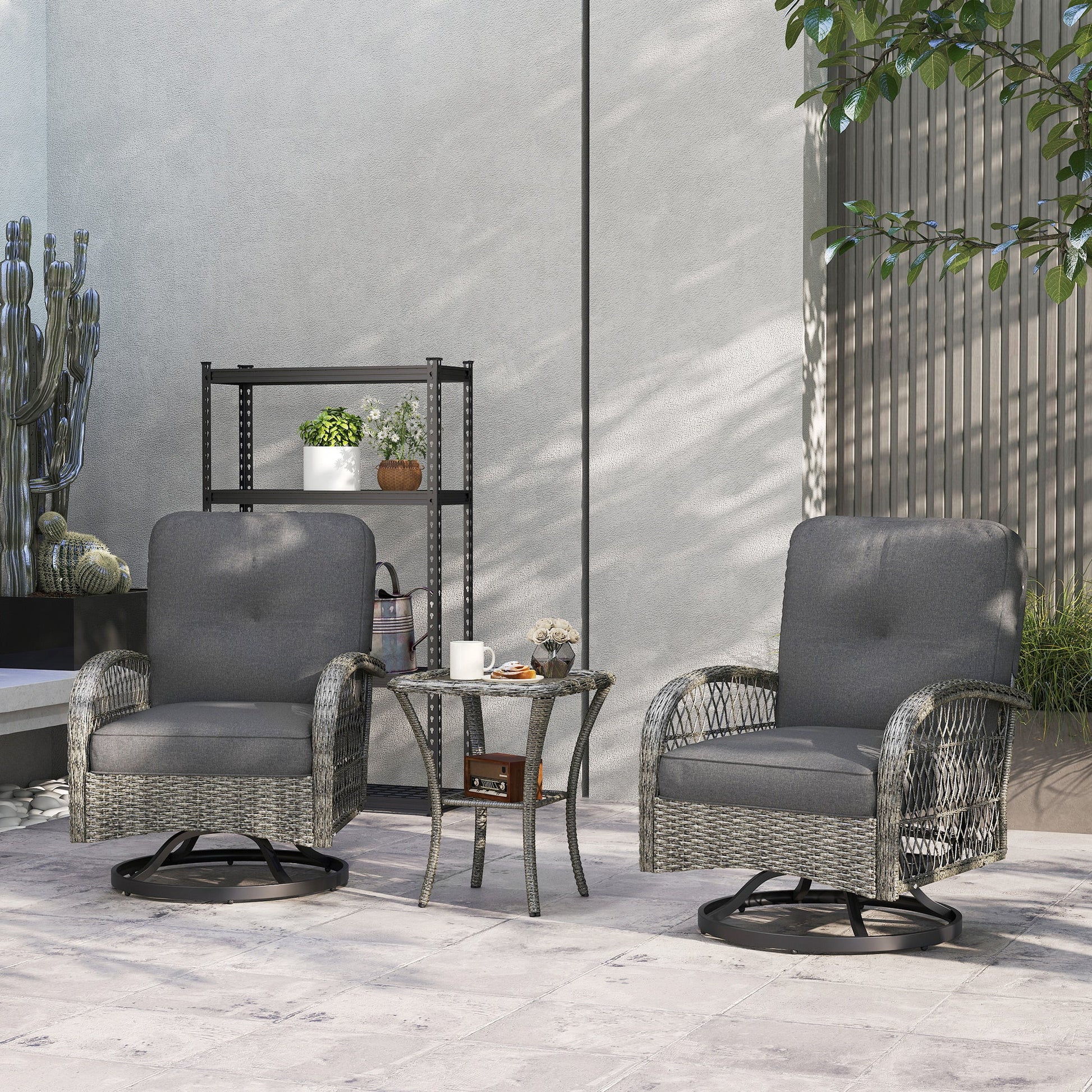 3 Pieces Wicker Patio Furniture Set, Rattan Bistro Set with 2 Swivel Rocking Chairs, 2-Tier Glass Coffee Table, Washable Seat Cushions for Porch, Balcony, Garden, Grey