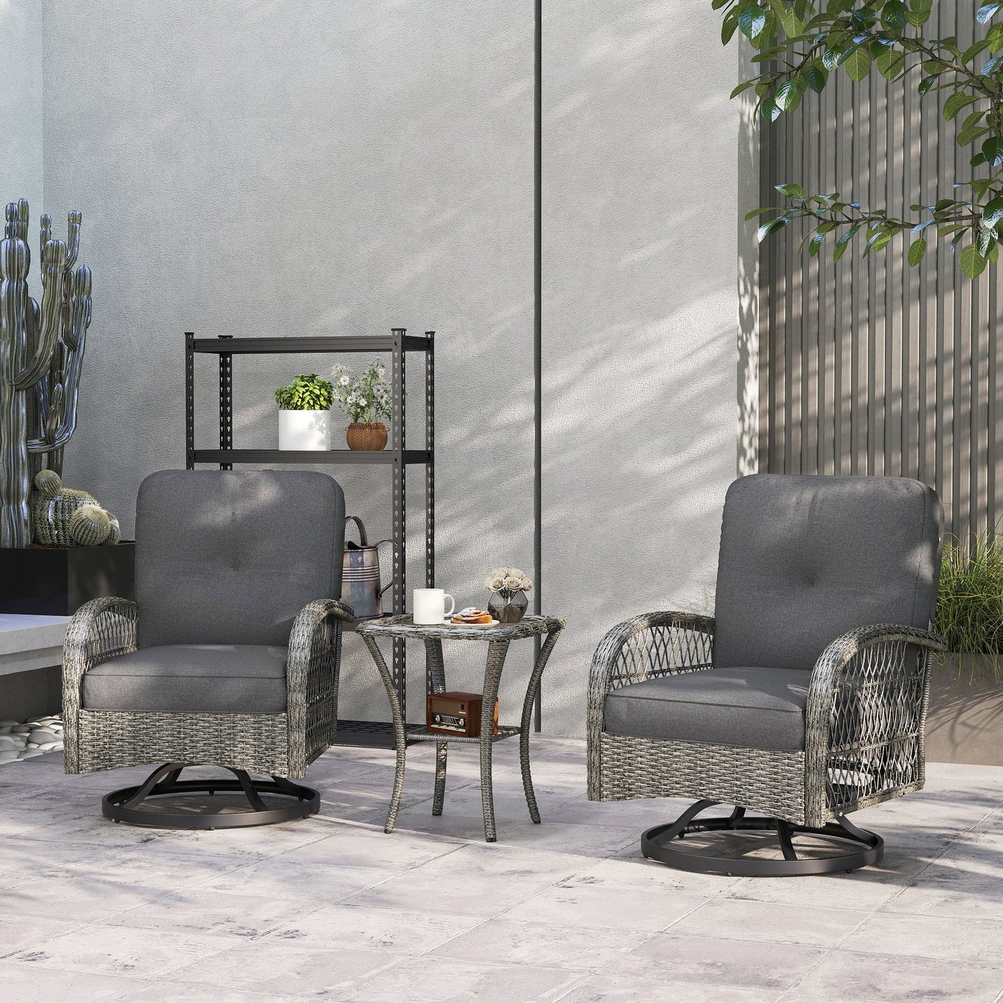 3 Pieces Wicker Patio Furniture Set, Rattan Bistro Set with 2 Swivel Rocking Chairs, 2-Tier Glass Coffee Table, Washable Seat Cushions for Porch, Balcony, Garden, Grey