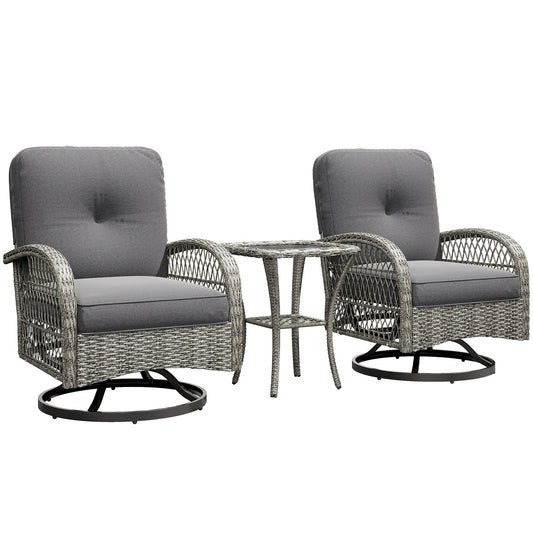 3 Pieces Wicker Patio Furniture Set, Rattan Bistro Set with 2 Swivel Rocking Chairs, 2-Tier Glass Coffee Table, Washable Seat Cushions for Porch, Balcony, Garden, Grey