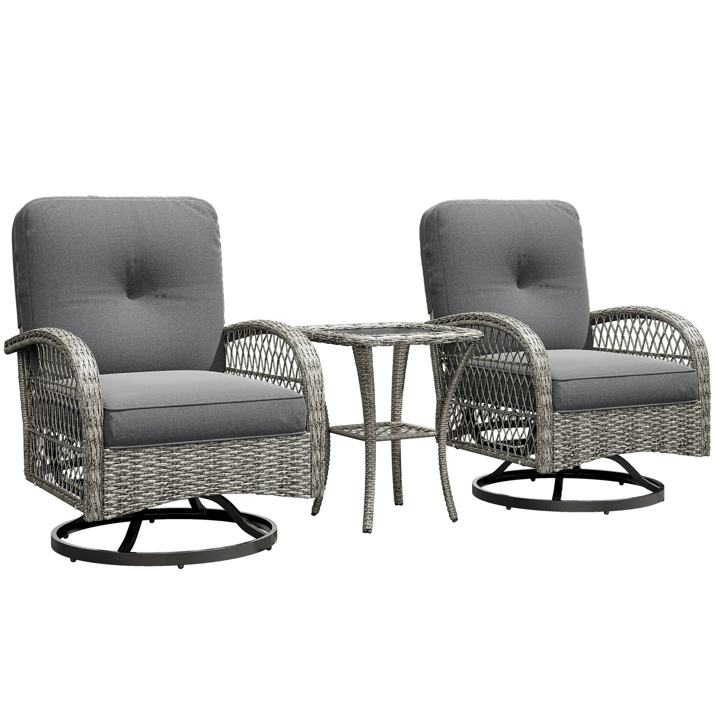 3 Pieces Wicker Patio Furniture Set, Rattan Bistro Set with 2 Swivel Rocking Chairs, 2-Tier Glass Coffee Table, Washable Seat Cushions for Porch, Balcony, Garden, Grey