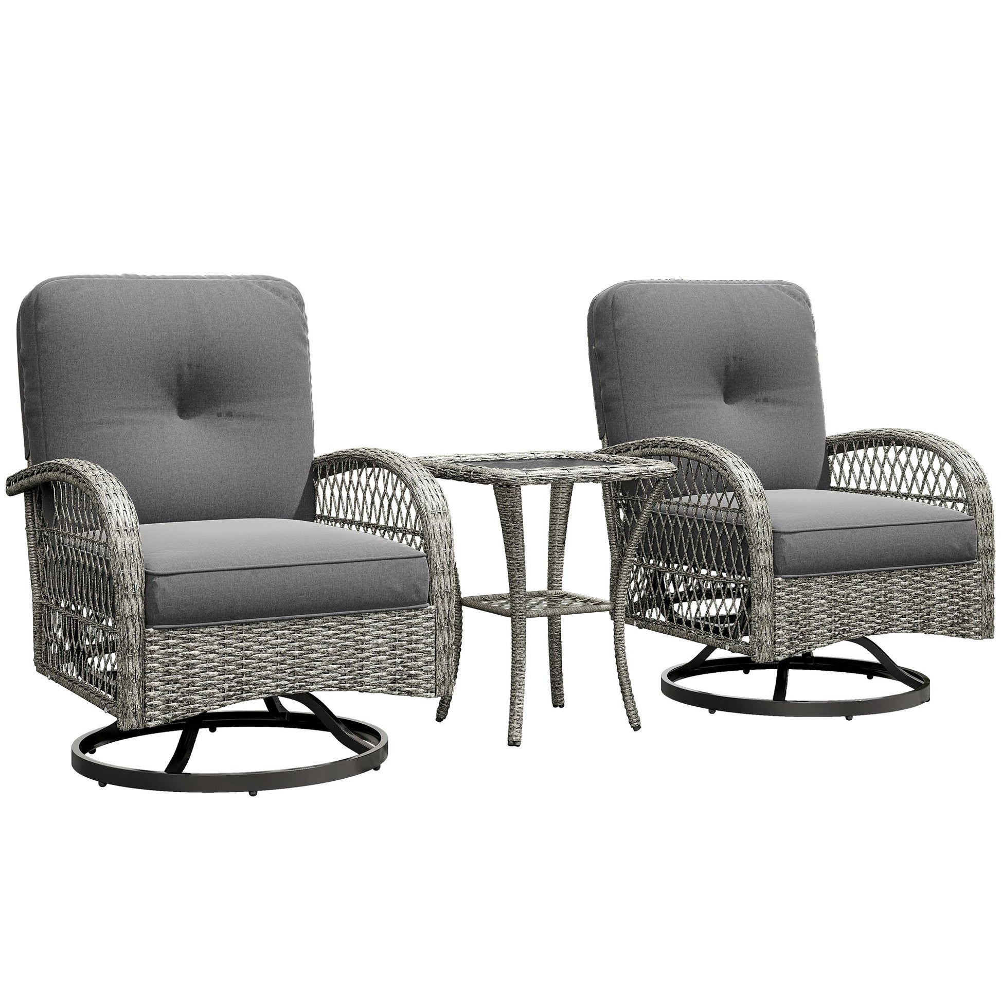 3 Pieces Wicker Patio Furniture Set, Rattan Bistro Set with 2 Swivel Rocking Chairs, 2-Tier Glass Coffee Table, Washable Seat Cushions for Porch, Balcony, Garden, Grey