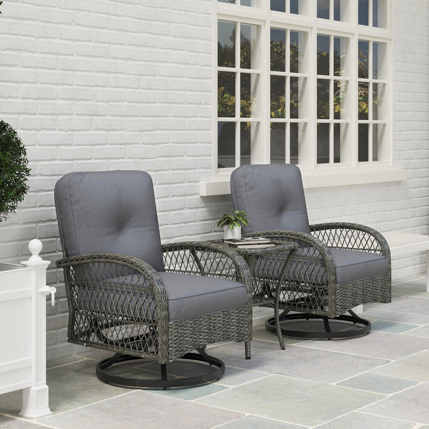 3 Pieces Wicker Patio Furniture Set, Rattan Bistro Set with 2 Swivel Rocking Chairs, 2-Tier Glass Coffee Table, Washable Seat Cushions for Porch, Balcony, Garden, Grey