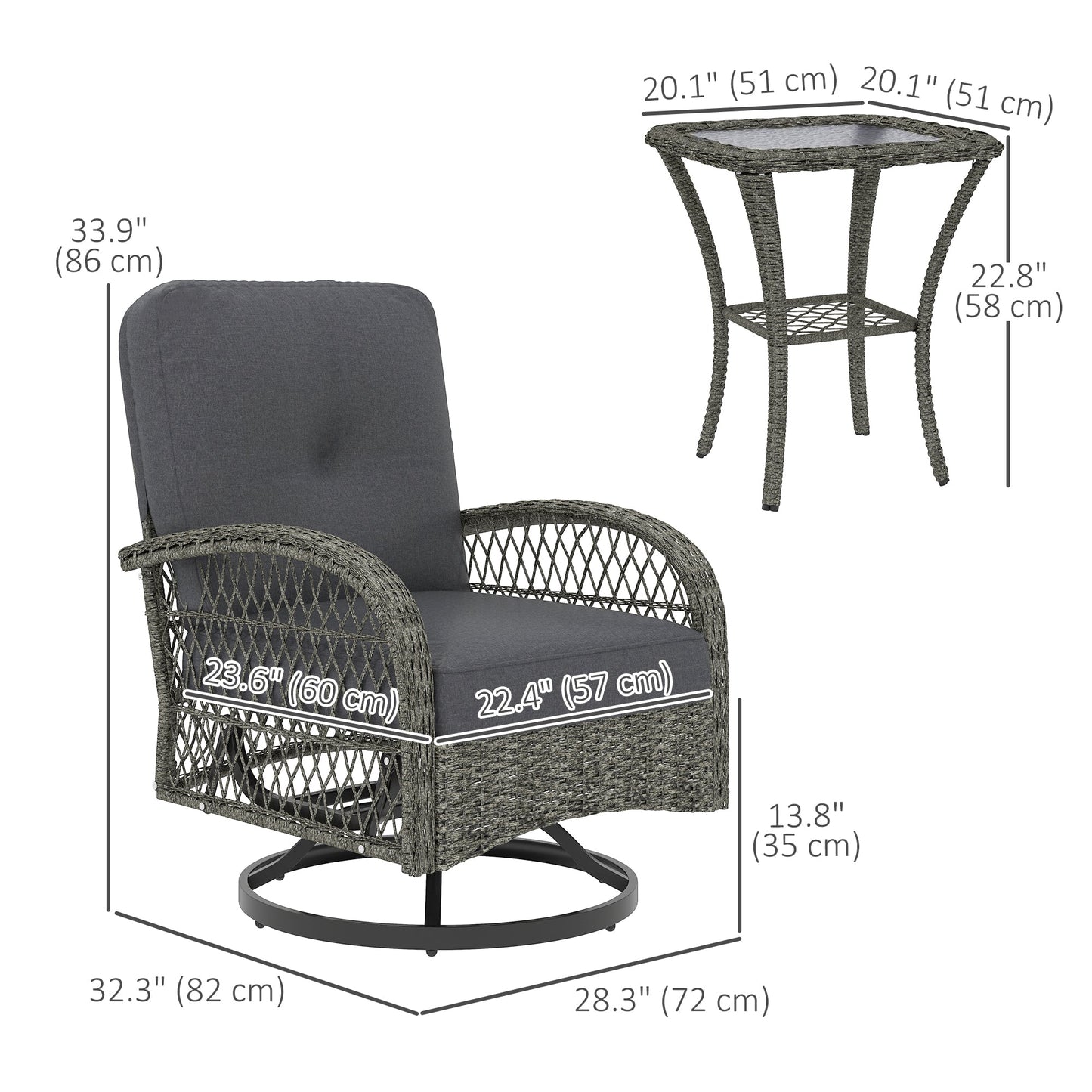 3 Pieces Wicker Patio Furniture Set, Rattan Bistro Set with 2 Swivel Rocking Chairs, 2-Tier Glass Coffee Table, Washable Seat Cushions for Porch, Balcony, Garden, Grey