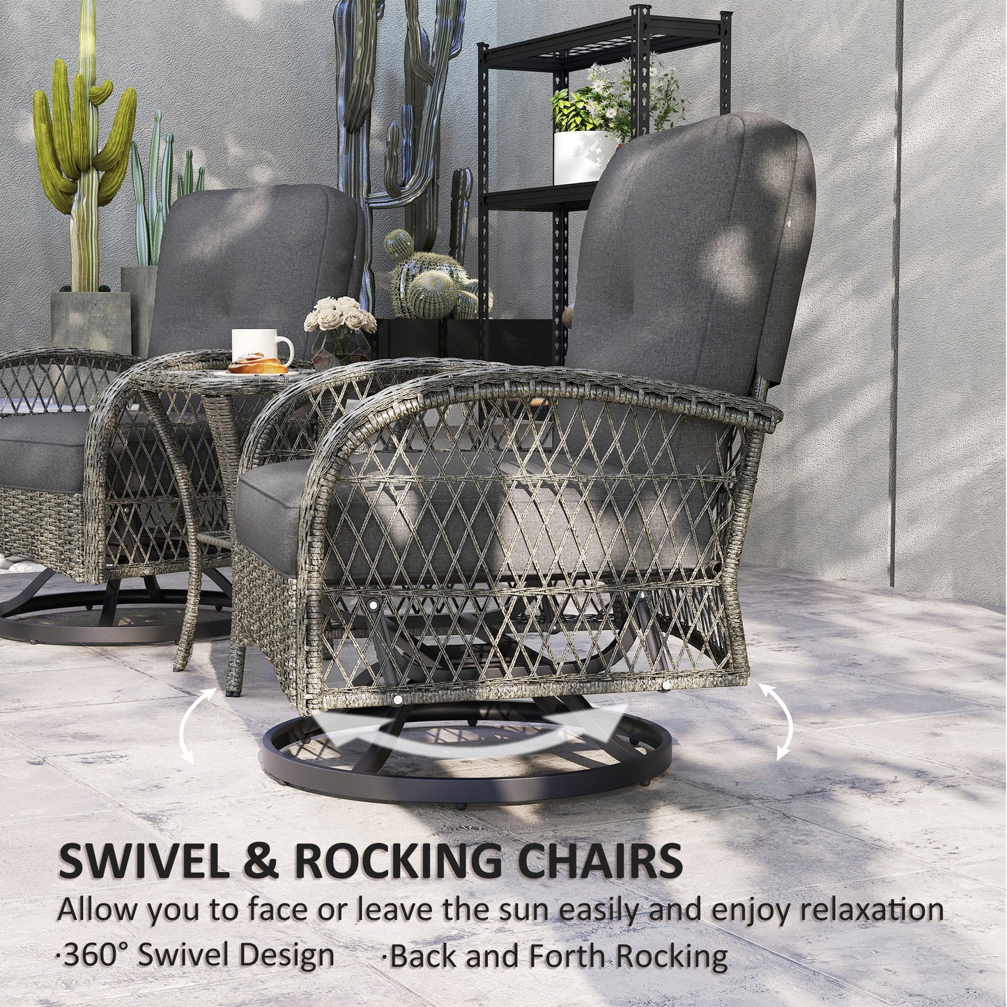 3 Pieces Wicker Patio Furniture Set, Rattan Bistro Set with 2 Swivel Rocking Chairs, 2-Tier Glass Coffee Table, Washable Seat Cushions for Porch, Balcony, Garden, Grey
