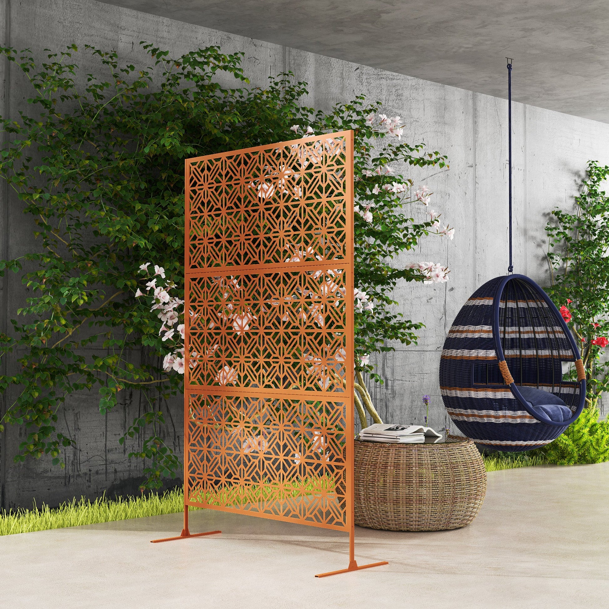 Metal Outdoor Privacy Screen, 78"H x 48"W Decorative Outdoor Divider with Stand, Freestanding Privacy Panel with Diamond Hollow Design for Garden, Patio, Backyard, Brown