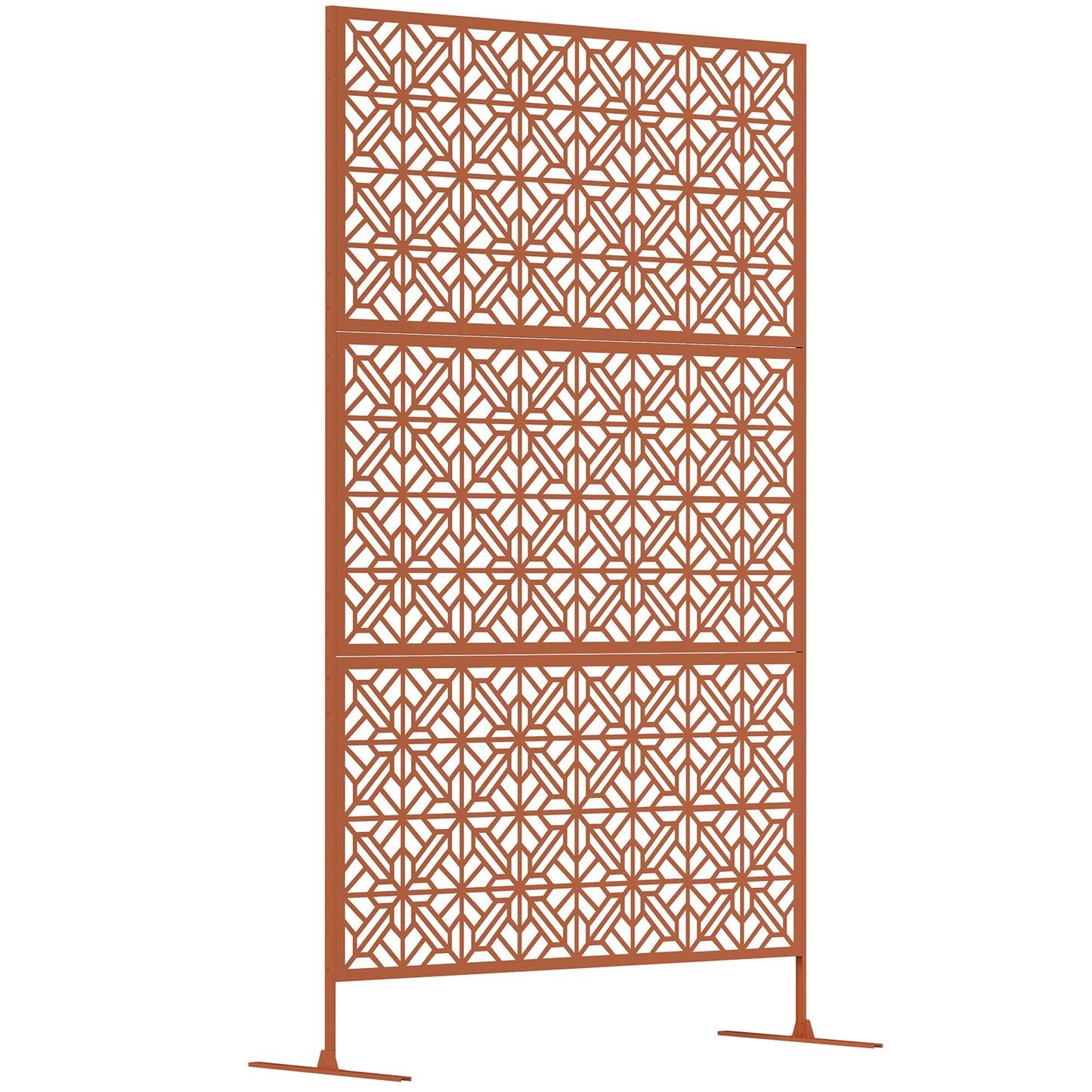 Metal Outdoor Privacy Screen, 78"H x 48"W Decorative Outdoor Divider with Stand, Freestanding Privacy Panel with Diamond Hollow Design for Garden, Patio, Backyard, Brown