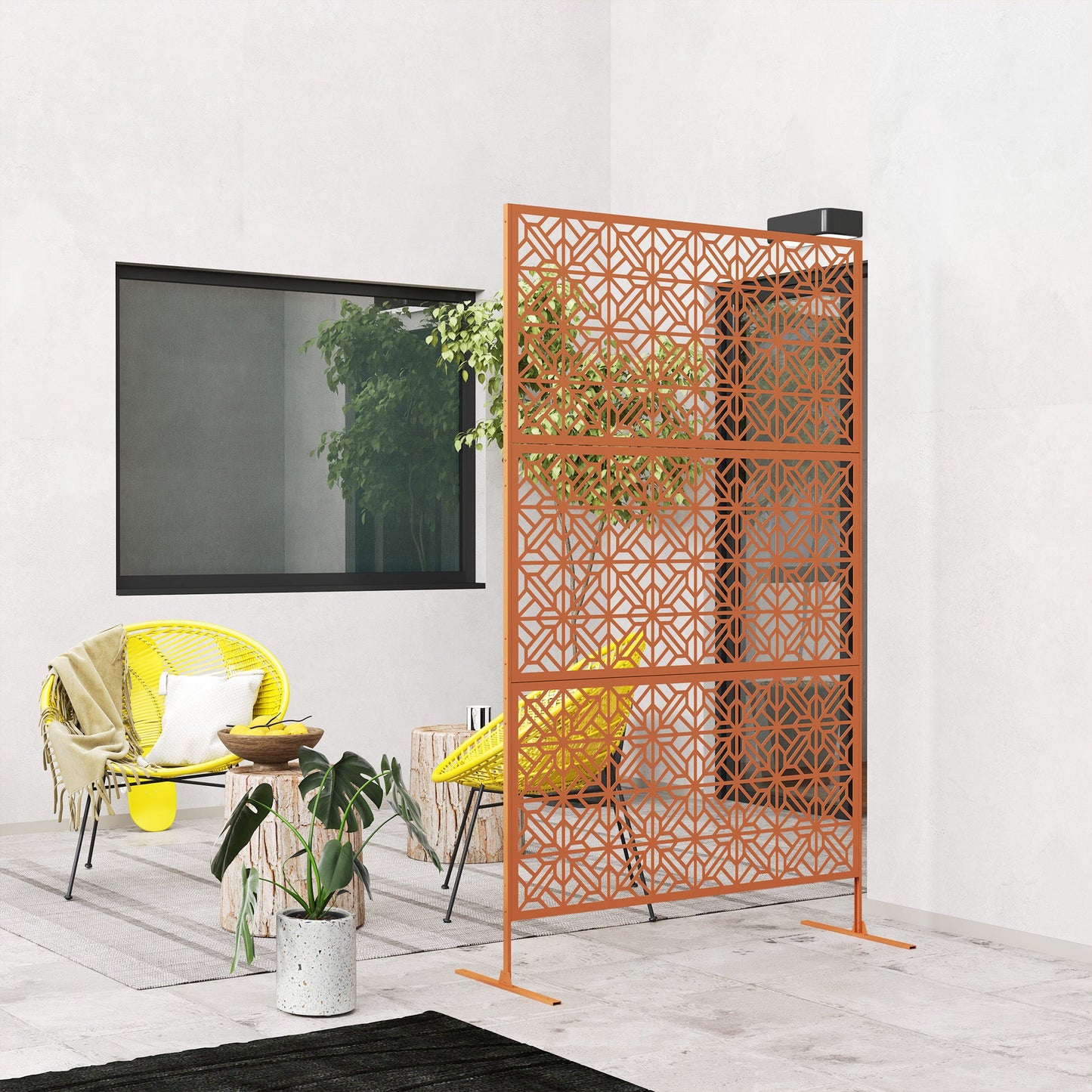 Metal Outdoor Privacy Screen, 78"H x 48"W Decorative Outdoor Divider with Stand, Freestanding Privacy Panel with Diamond Hollow Design for Garden, Patio, Backyard, Brown
