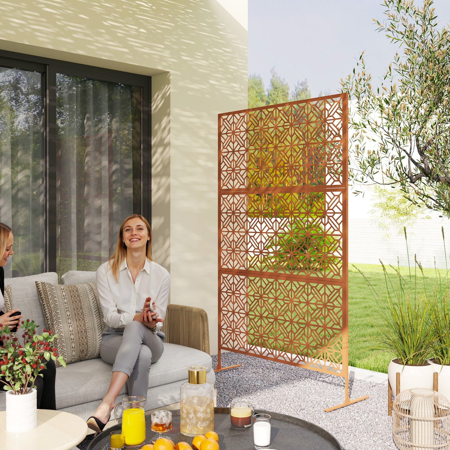Metal Outdoor Privacy Screen, 78"H x 48"W Decorative Outdoor Divider with Stand, Freestanding Privacy Panel with Diamond Hollow Design for Garden, Patio, Backyard, Brown
