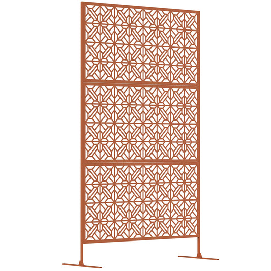 Metal Outdoor Privacy Screen, 78"H x 48"W Decorative Outdoor Divider with Stand, Freestanding Privacy Panel with Diamond Hollow Design for Garden, Patio, Backyard, Brown
