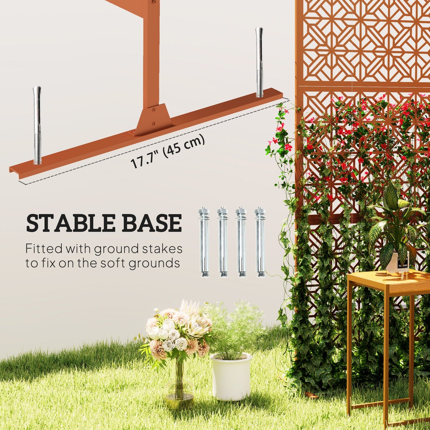 Metal Outdoor Privacy Screen, 78"H x 48"W Decorative Outdoor Divider with Stand, Freestanding Privacy Panel with Diamond Hollow Design for Garden, Patio, Backyard, Brown
