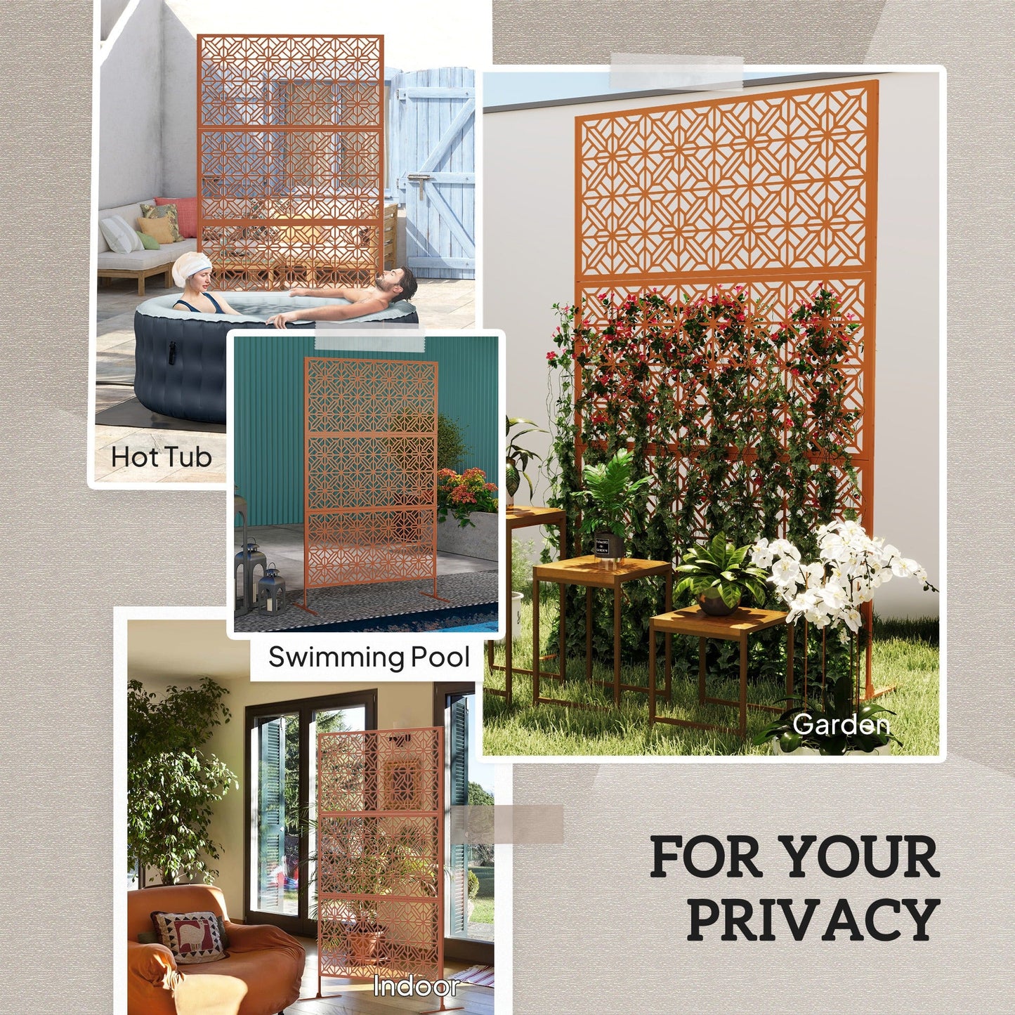 Metal Outdoor Privacy Screen, 78"H x 48"W Decorative Outdoor Divider with Stand, Freestanding Privacy Panel with Diamond Hollow Design for Garden, Patio, Backyard, Brown