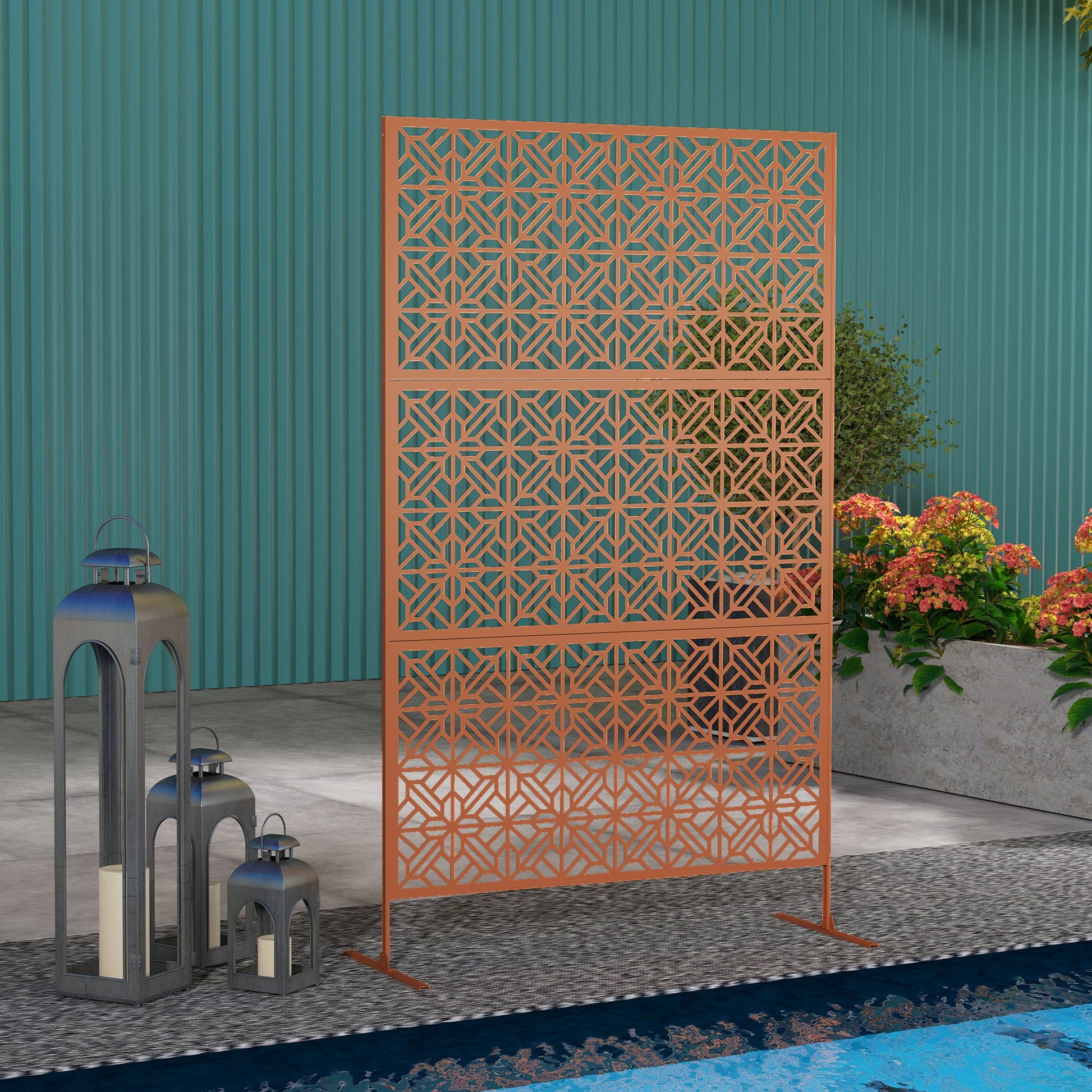 Metal Outdoor Privacy Screen, 78"H x 48"W Decorative Outdoor Divider with Stand, Freestanding Privacy Panel with Diamond Hollow Design for Garden, Patio, Backyard, Brown
