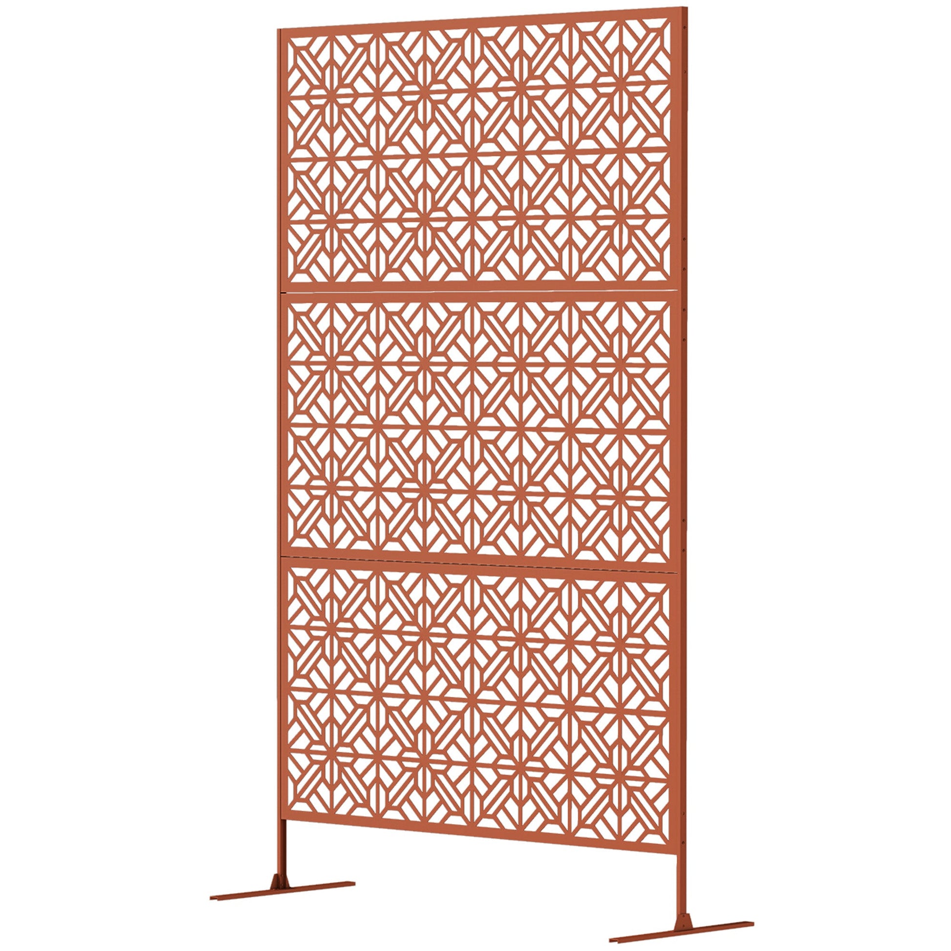 Metal Outdoor Privacy Screen, 78"H x 48"W Decorative Outdoor Divider with Stand, Freestanding Privacy Panel with Diamond Hollow Design for Garden, Patio, Backyard, Brown