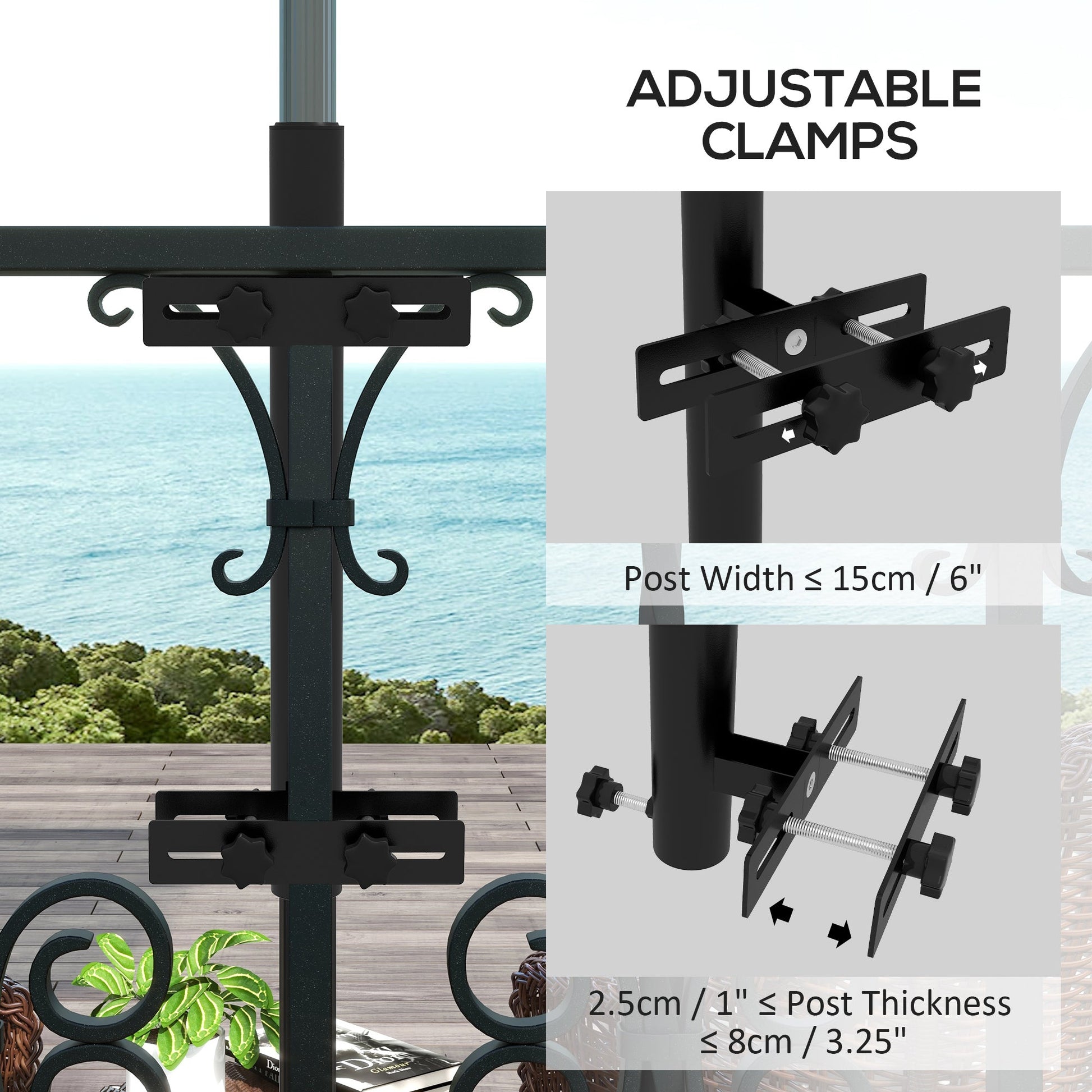 Patio Umbrella Holder with Adjustable Clamps, Umbrella Deck Mount Bracket for Railing, Balcony, Fences, Patio Umbrella Stand for Market Umbrella and Offset Umbrella, Black