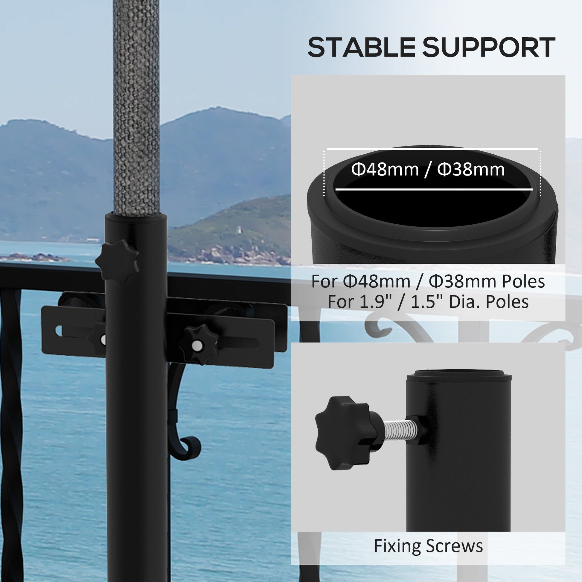 Patio Umbrella Holder with Adjustable Clamps, Umbrella Deck Mount Bracket for Railing, Balcony, Fences, Patio Umbrella Stand for Market Umbrella and Offset Umbrella, Black