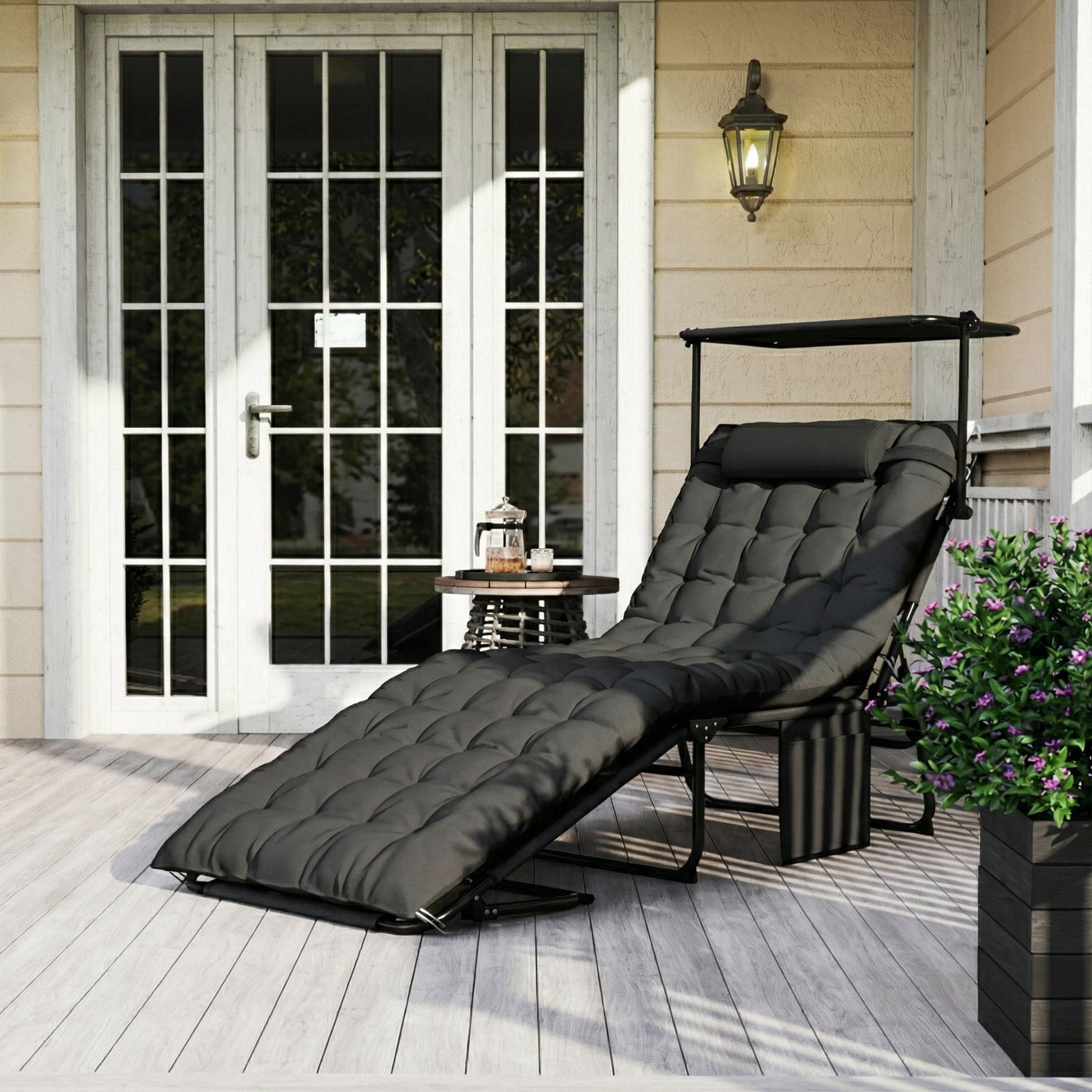 Folding Chaise Lounge Chair with Cushion and Adjustable Sun Shade, 4-Position Adjustable Outdoor Lounge Chair with Headrest, Sun Lounger with Cushion for Porch, Dark Grey