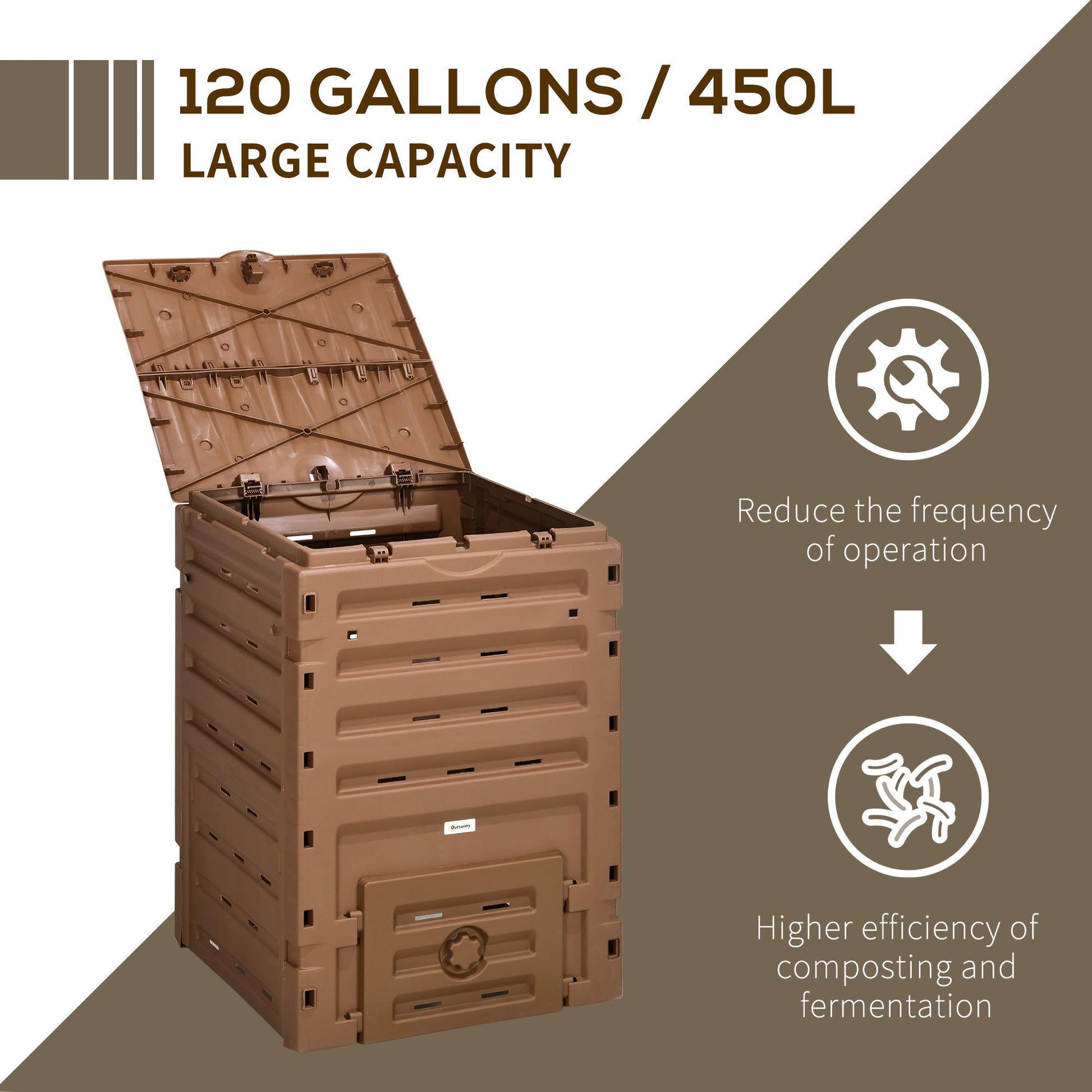 Compost Bin, 120 Gallon (450L) Garden Composter with 80 Vents and 2 Sliding Doors, Lightweight & Sturdy, Fast Creation of Fertile Soil, Brown