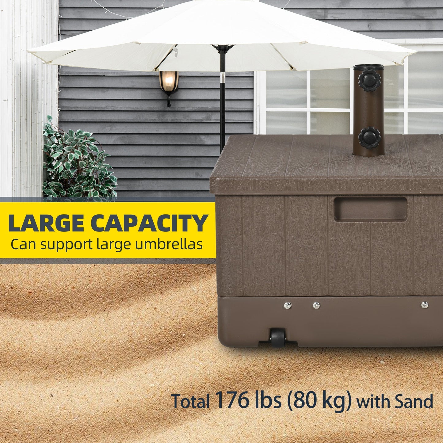 175lbs Heavy Duty Patio Umbrella Base with Wheels, 3-in-1 Market Umbrella Stand, Outdoor Side Table, Planter Box for Garden, Backyard, Brown