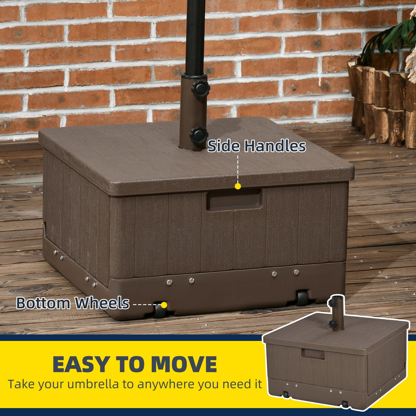 175lbs Heavy Duty Patio Umbrella Base with Wheels, 3-in-1 Market Umbrella Stand, Outdoor Side Table, Planter Box for Garden, Backyard, Brown