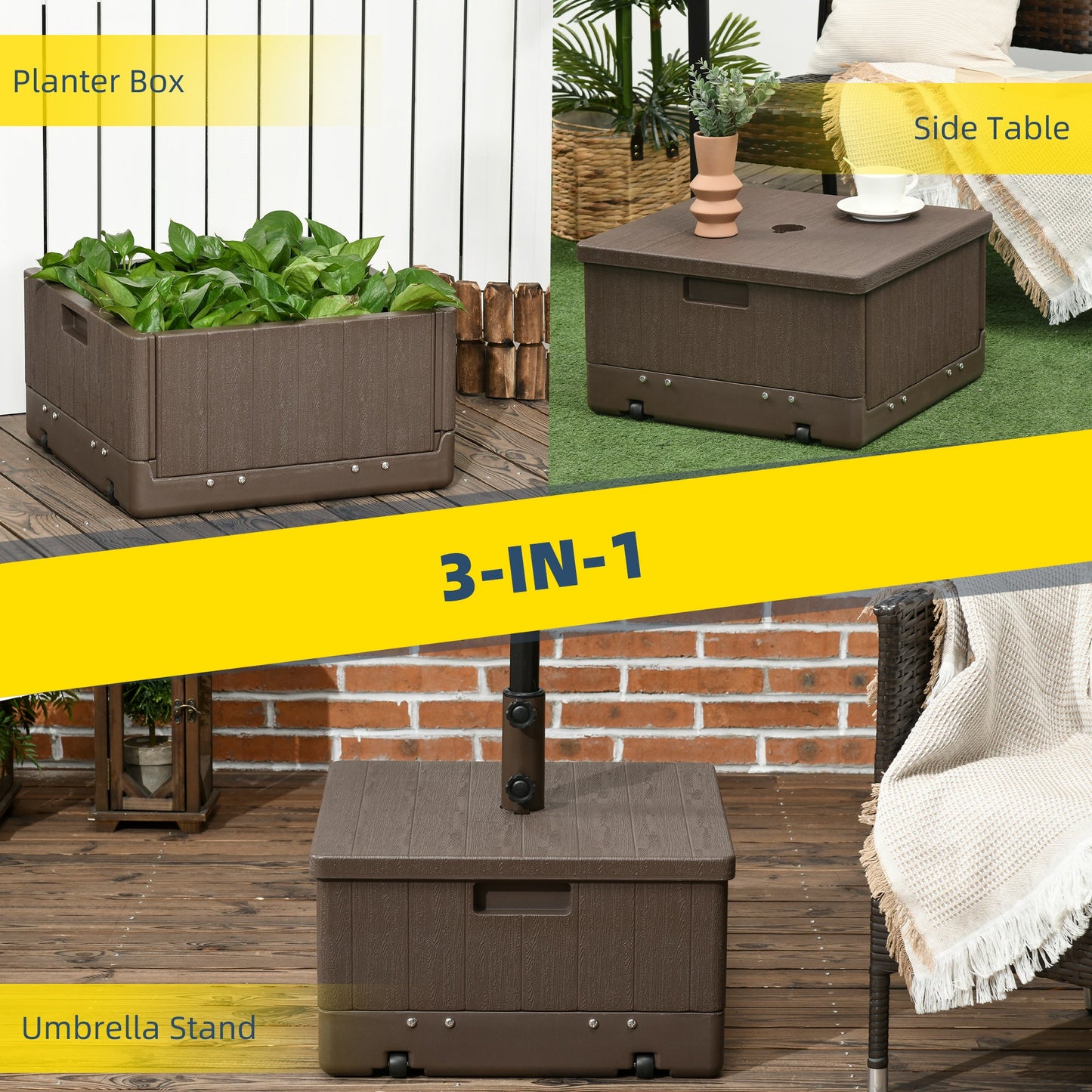 175lbs Heavy Duty Patio Umbrella Base with Wheels, 3-in-1 Market Umbrella Stand, Outdoor Side Table, Planter Box for Garden, Backyard, Brown