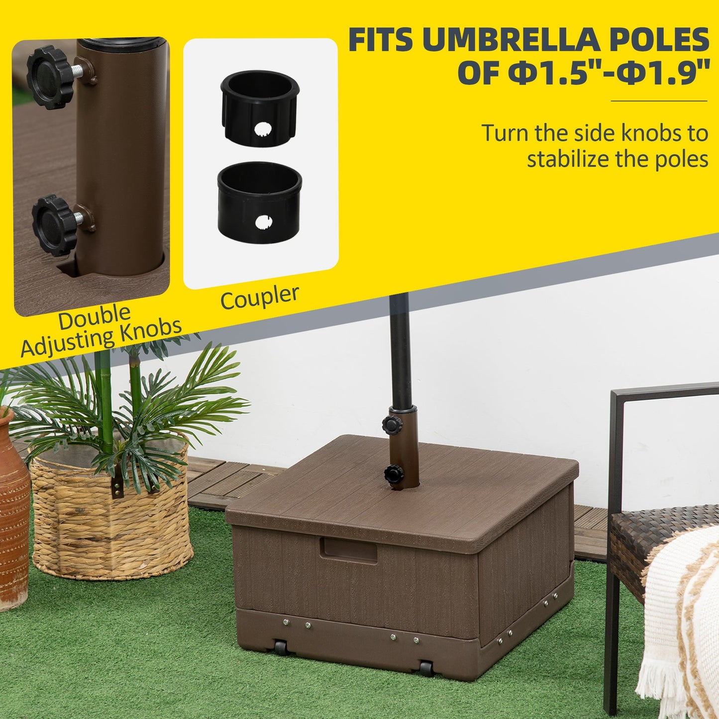 175lbs Heavy Duty Patio Umbrella Base with Wheels, 3-in-1 Market Umbrella Stand, Outdoor Side Table, Planter Box for Garden, Backyard, Brown