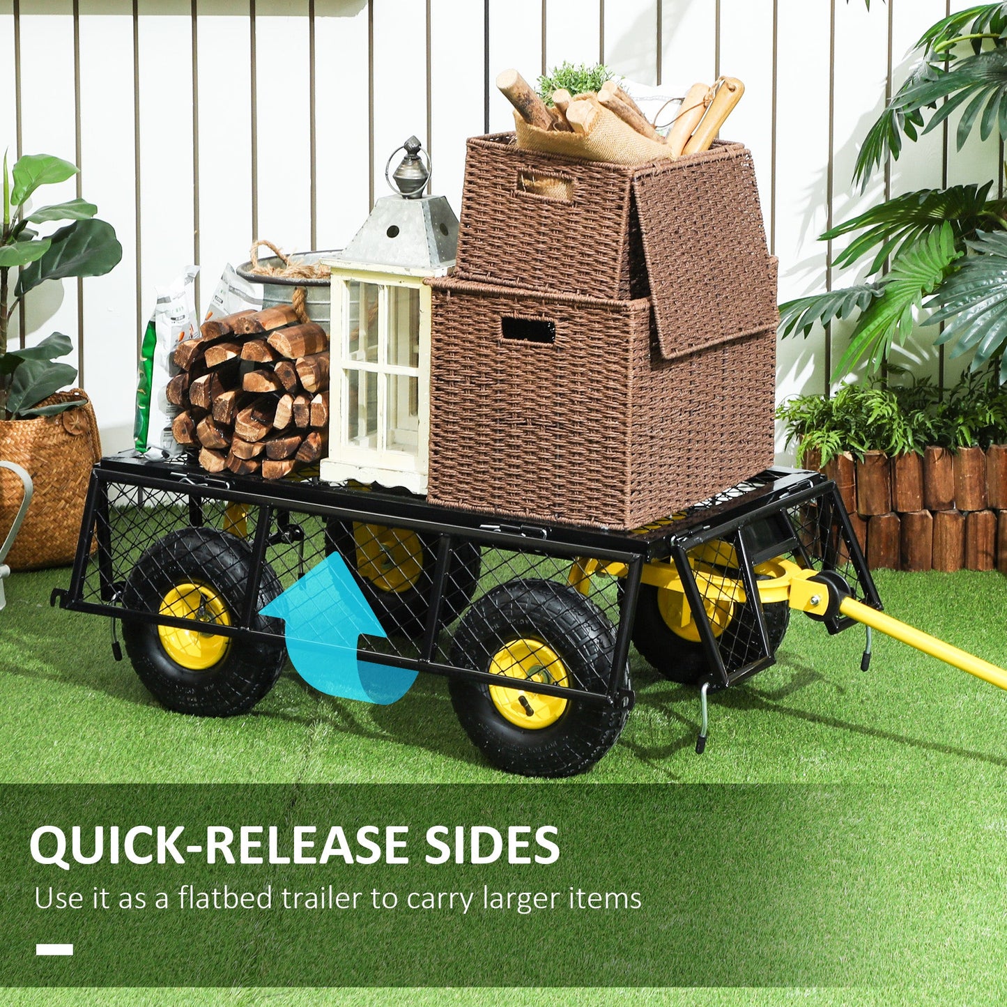 Heavy Duty Garden Cart, Steel Utility Wagon Cart with Removable Sides to Convert into Flatbed, 10" Wheels, 180° Rotating Handle, 440lbs Capacity, for Beach Lawn Yard