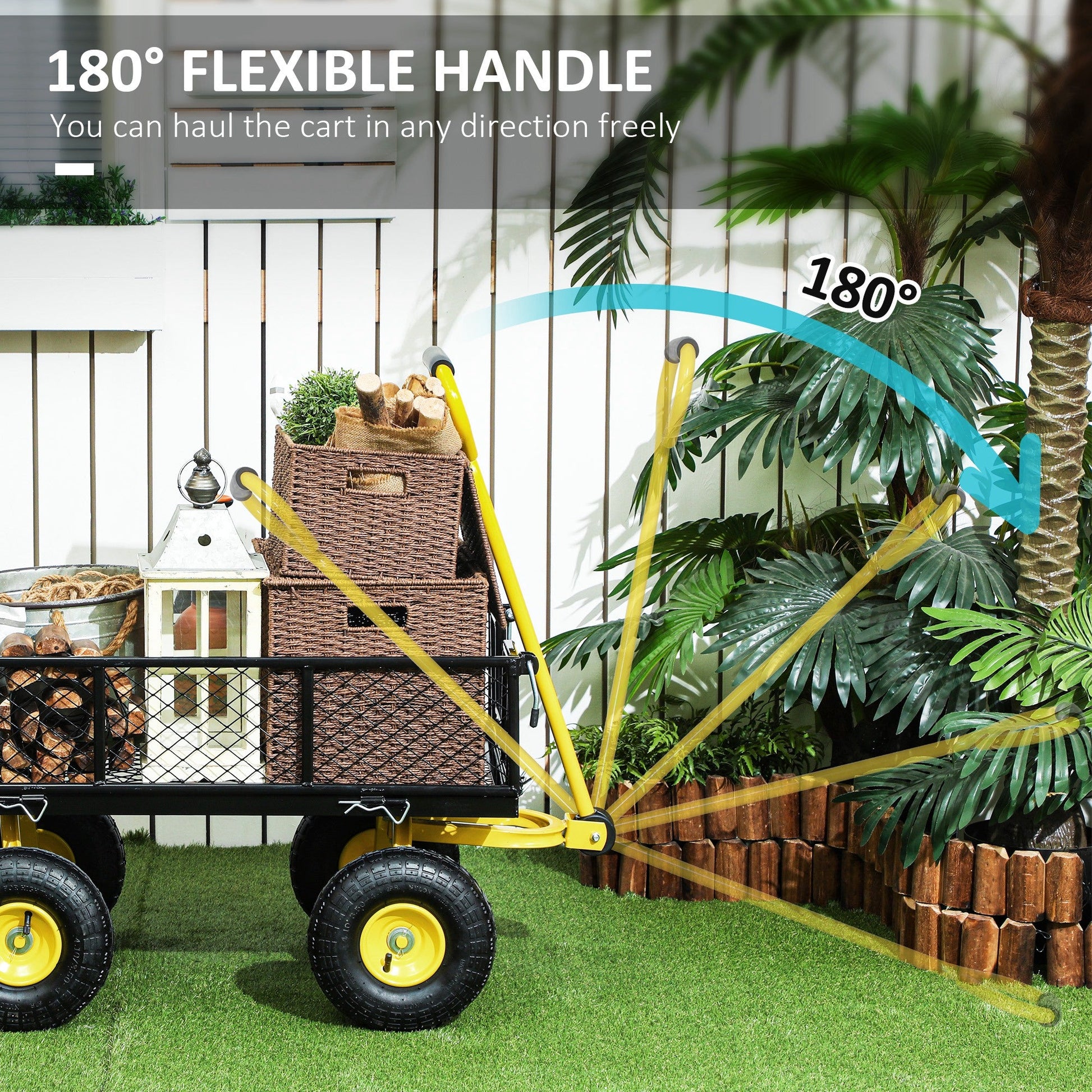 Heavy Duty Garden Cart, Steel Utility Wagon Cart with Removable Sides to Convert into Flatbed, 10" Wheels, 180° Rotating Handle, 440lbs Capacity, for Beach Lawn Yard