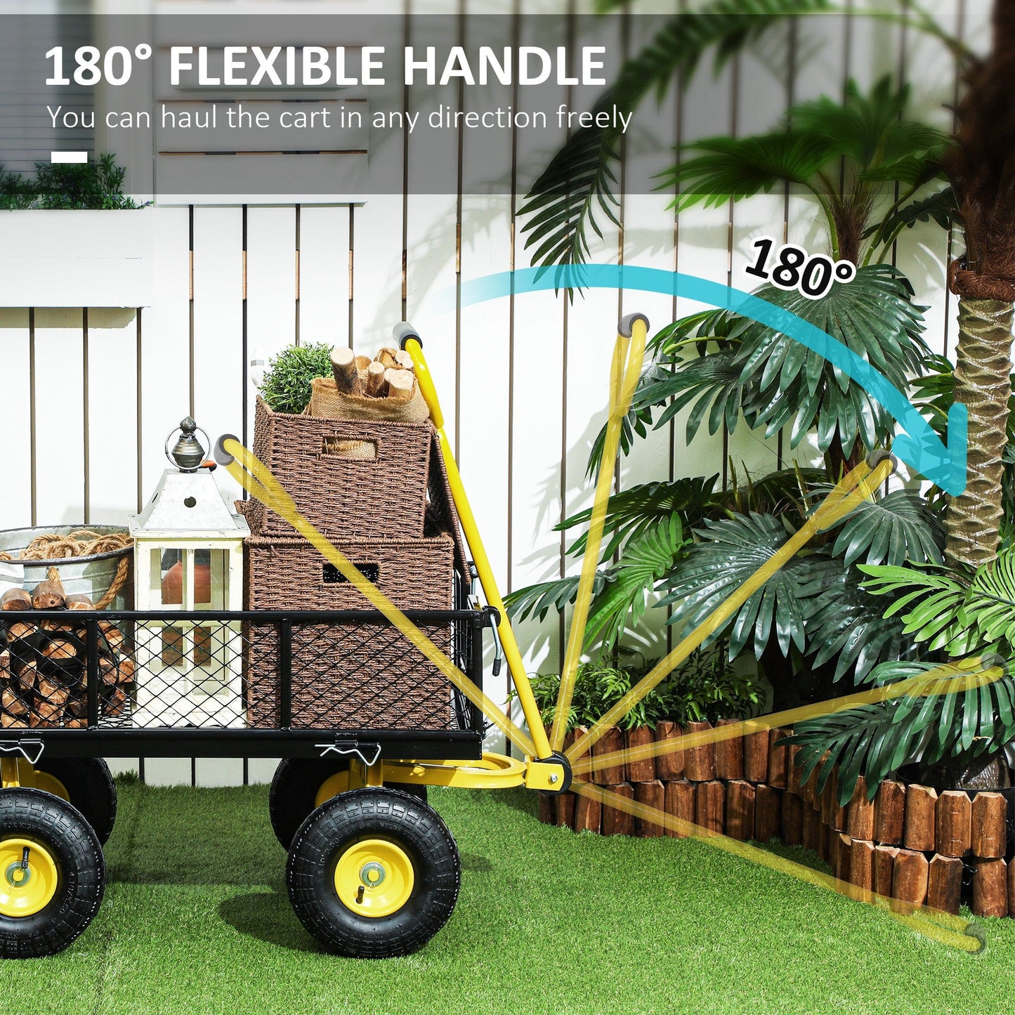 Heavy Duty Garden Cart, Steel Utility Wagon Cart with Removable Sides to Convert into Flatbed, 10" Wheels, 180° Rotating Handle, 440lbs Capacity, for Beach Lawn Yard