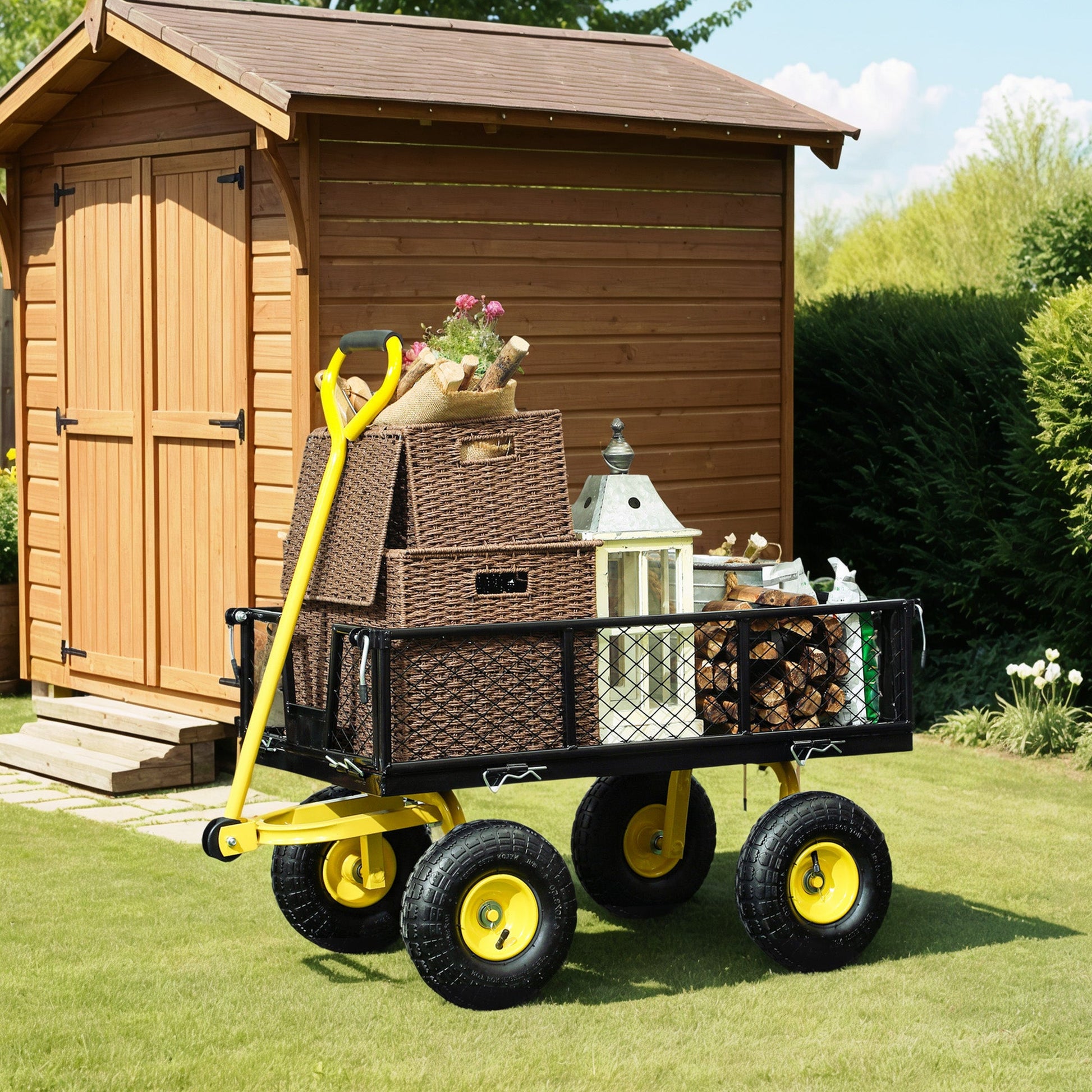 Heavy Duty Garden Cart, Steel Utility Wagon Cart with Removable Sides to Convert into Flatbed, 10" Wheels, 180° Rotating Handle, 440lbs Capacity, for Beach Lawn Yard