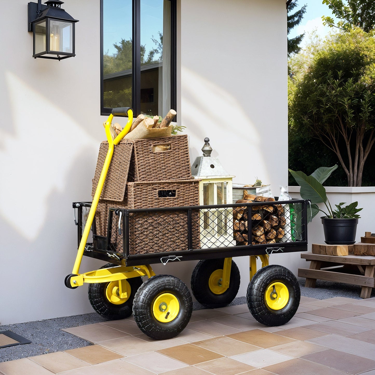 Heavy Duty Garden Cart, Steel Utility Wagon Cart with Removable Sides to Convert into Flatbed, 10" Wheels, 180° Rotating Handle, 440lbs Capacity, for Beach Lawn Yard