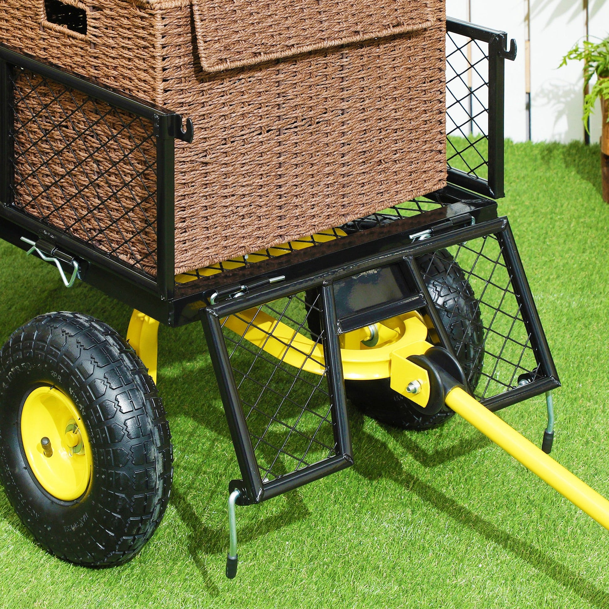 Heavy Duty Garden Cart, Steel Utility Wagon Cart with Removable Sides to Convert into Flatbed, 10" Wheels, 180° Rotating Handle, 440lbs Capacity, for Beach Lawn Yard