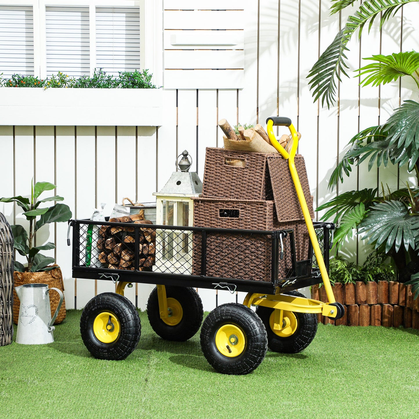 Heavy Duty Garden Cart, Steel Utility Wagon Cart with Removable Sides to Convert into Flatbed, 10" Wheels, 180° Rotating Handle, 440lbs Capacity, for Beach Lawn Yard