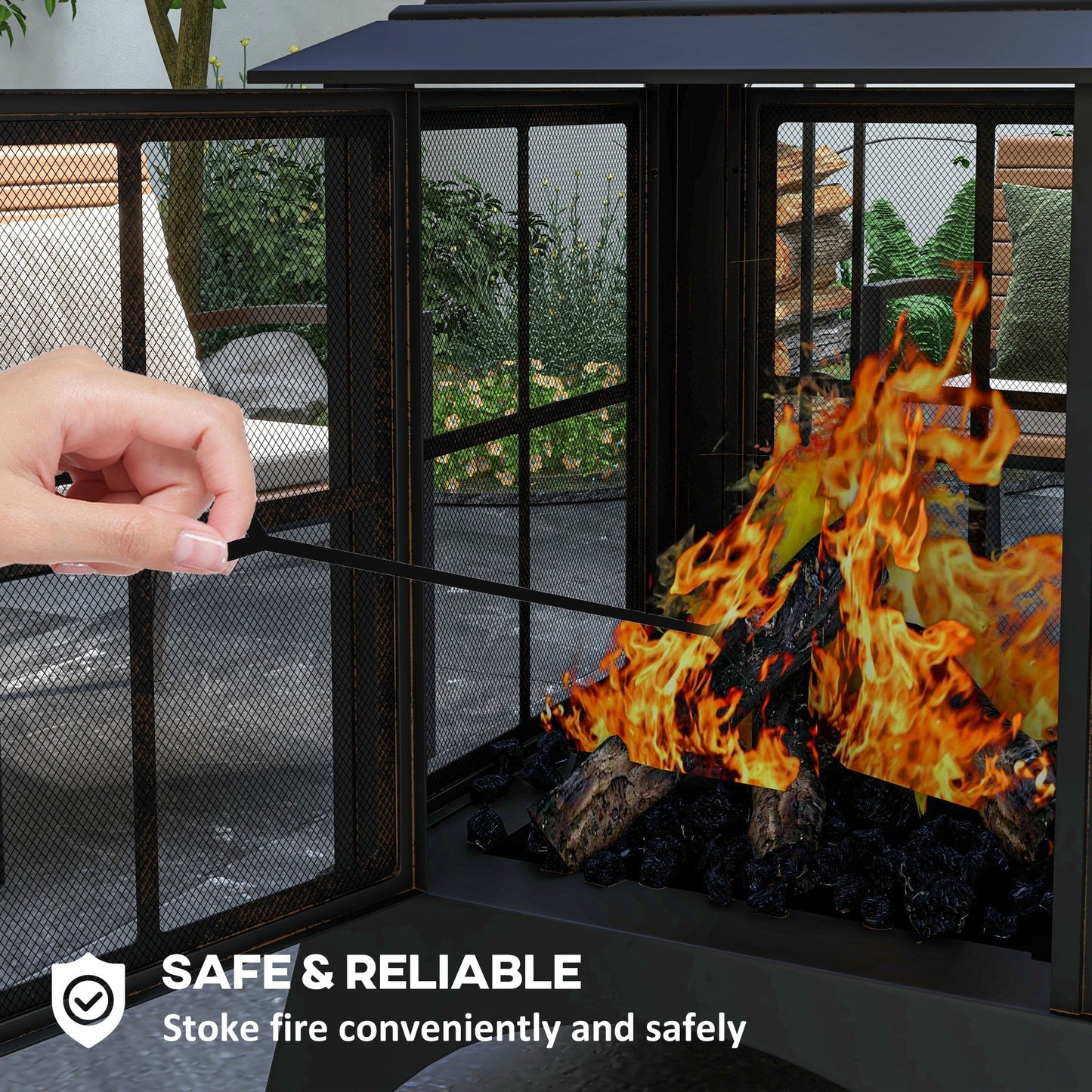 28" Fire Pit with Chimney Style, Outdoor Wood Burning Firepit with Spark Guard and Poker, Steel, Black